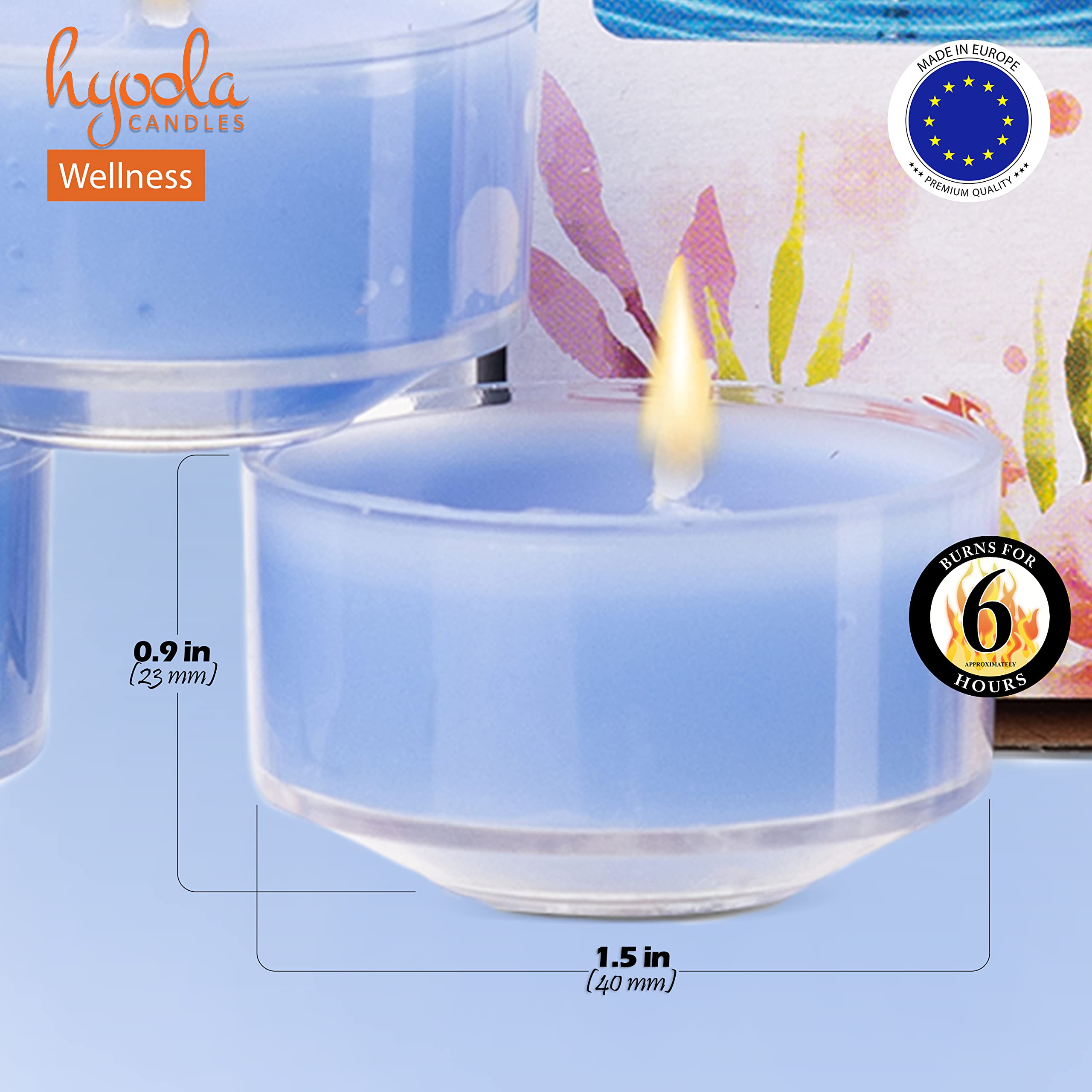 Hyoola Scented Tealight Candles - 15 Pack - 6 Hour Burn Time - Clear Cup - Wellness Light Blue - Model H10222 - Wax Material