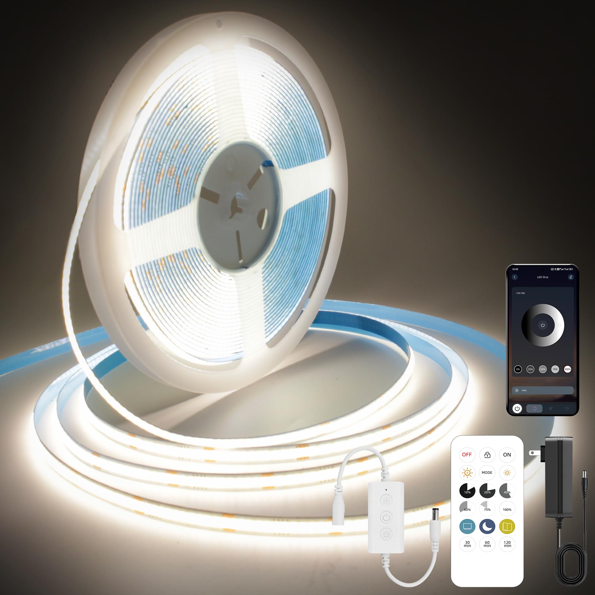 Pandery COB LED Strip Lights 24FT 4000K Natural White Dimmable with Remote & App Control, Model PD-COB-24V