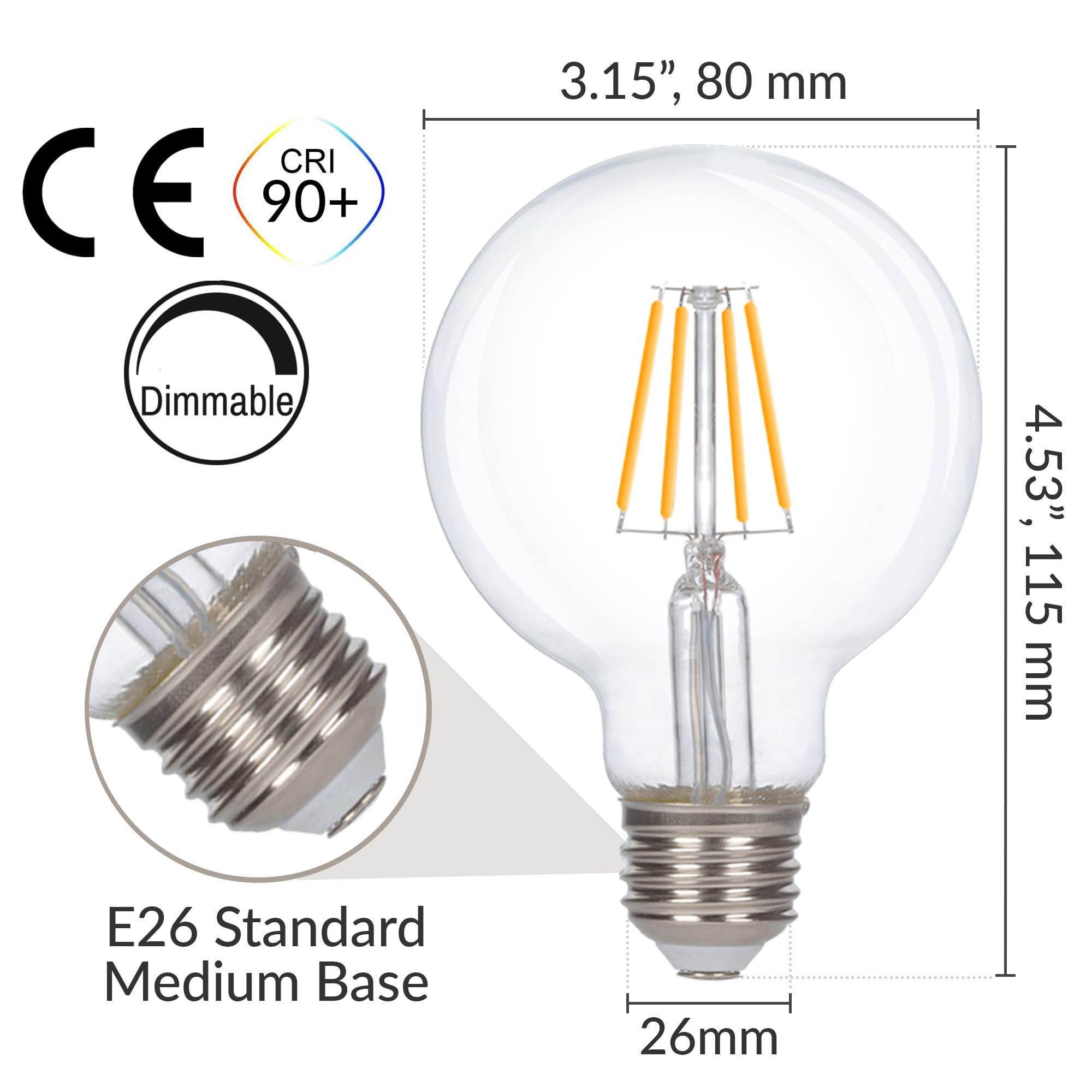 Simba Lighting LED Edison Vintage Globe Bulbs, 6W Dimmable, 2700K Warm White, E26 Base, 3 Pack, Glass, Model LED-6G25D