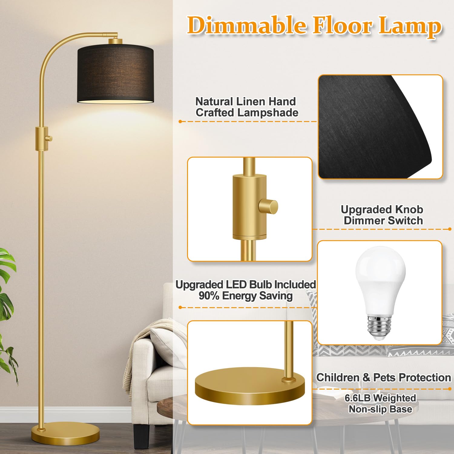?Upgraded? Dimmable Gold Floor Lamp, 1200 Lumens Led Bulb Included, Arc Floor Lamps For Living Room Modern Standing Lamp With Bl