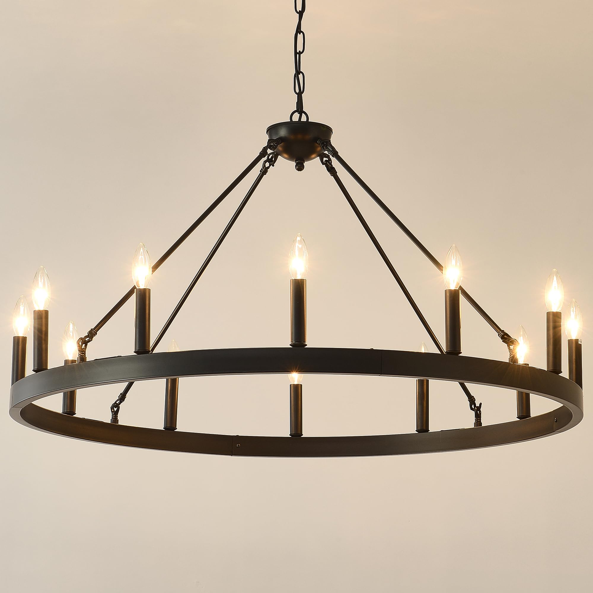 Viksroeo 40 Inch Black Wagon Wheel Chandelier, 12-Lights Farmhouse Industrial Round High Ceiling Pendant Light Adjustable Chain 