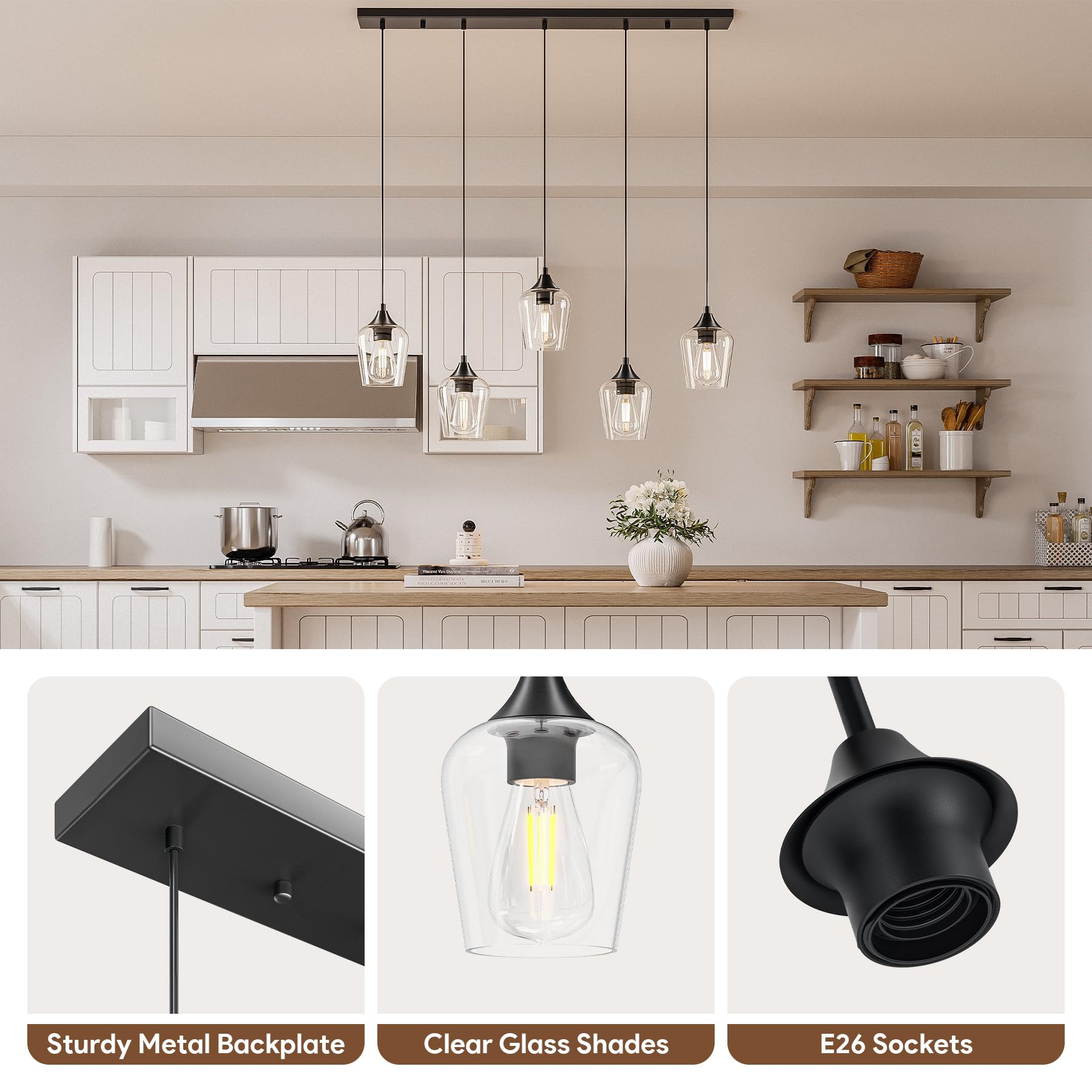 VONLUCE 5-Light Pendant Light Fixture, Modern Matte Black Metal with Wine Glass Shades, Adjustable Height 10"-55", ETL Certified
