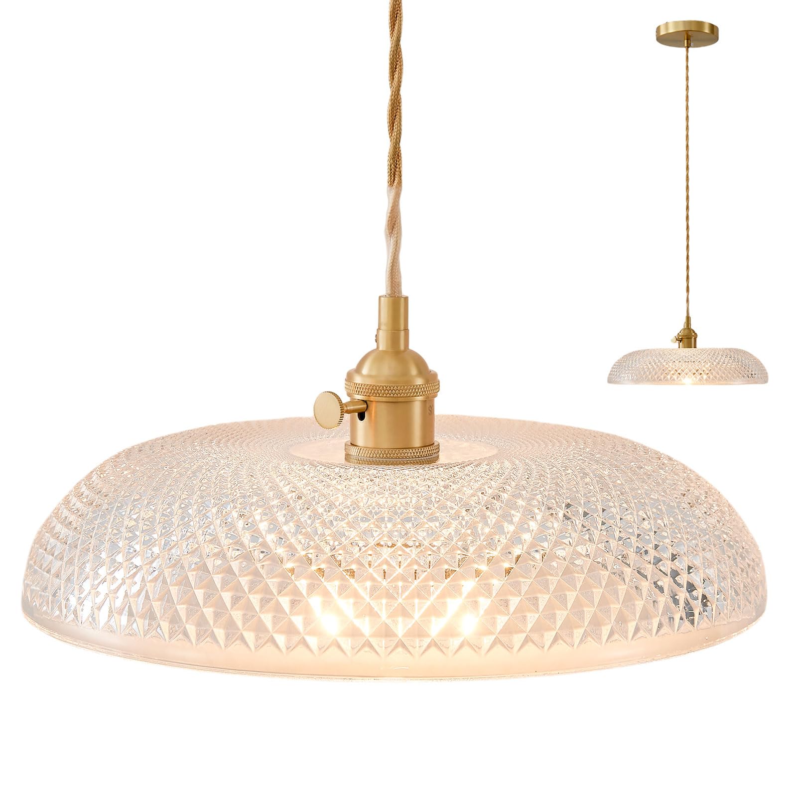 Oyisen Hanging Lights with Plug in Cord, 11.8 Inch Glass Shade Kitchen Island Light Fixtures Golden Cord Pendant Lights Hanging 