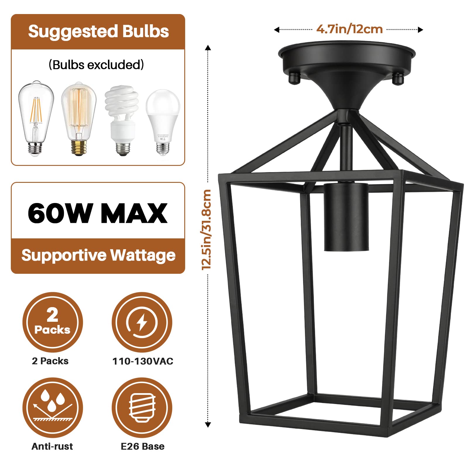 Beslowe 2-Pack Black Metal Farmhouse Semi Flush Mount Ceiling Lights For Hallway, Entryway