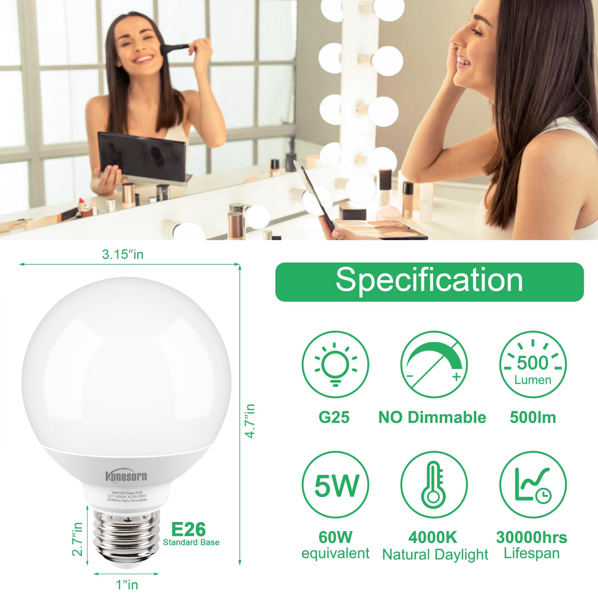 Honesorn 4 Pack G25 Led Globe Bulbs, 60W Equivalent, 4000K Natural Daylight White, E26 Base For Bathroom Vanity Over Mirror, 120
