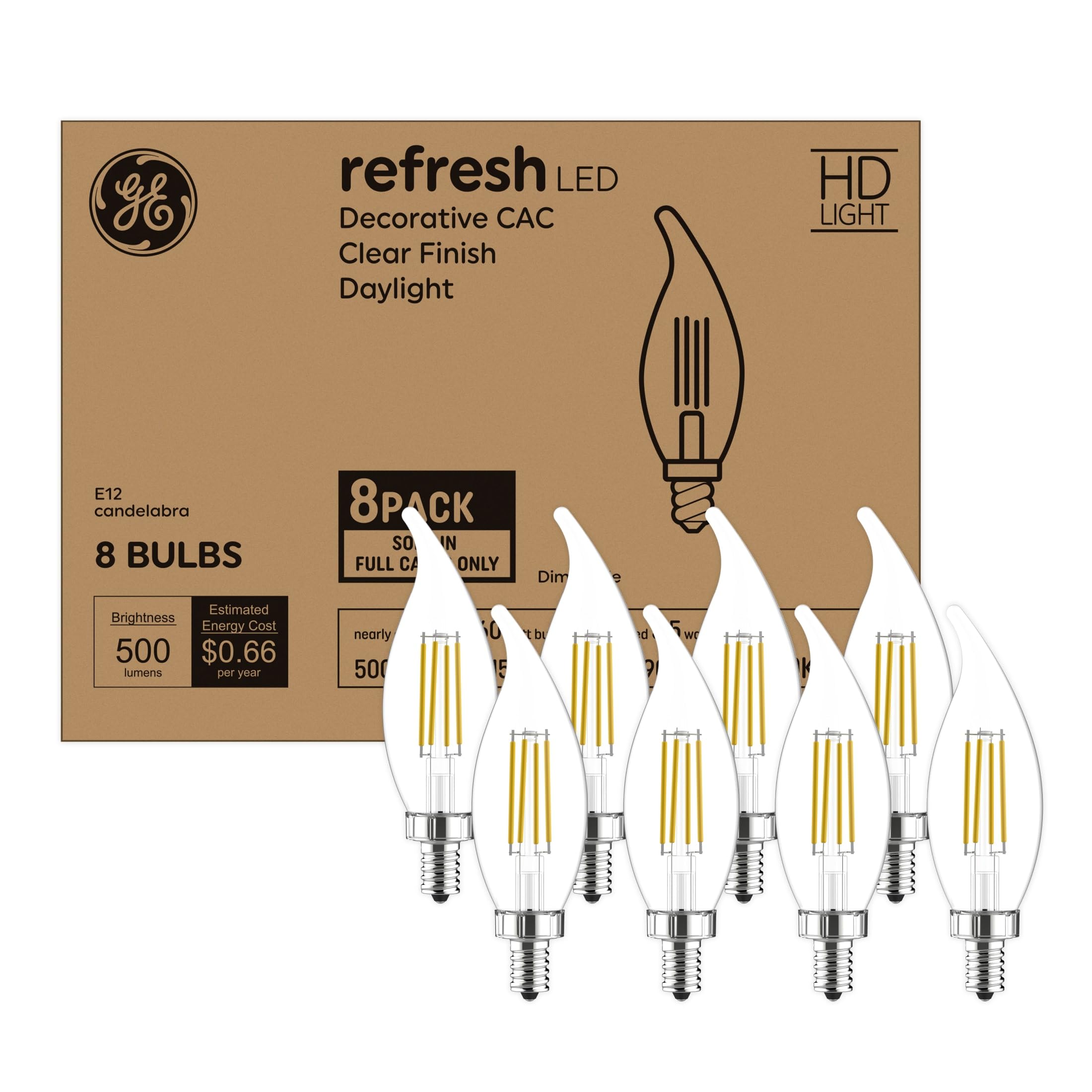 Ge Refresh Led Light Bulbs, 60 Watt Eqv, Daylight, Decorative Bulbs, Small Base (8 Pack)