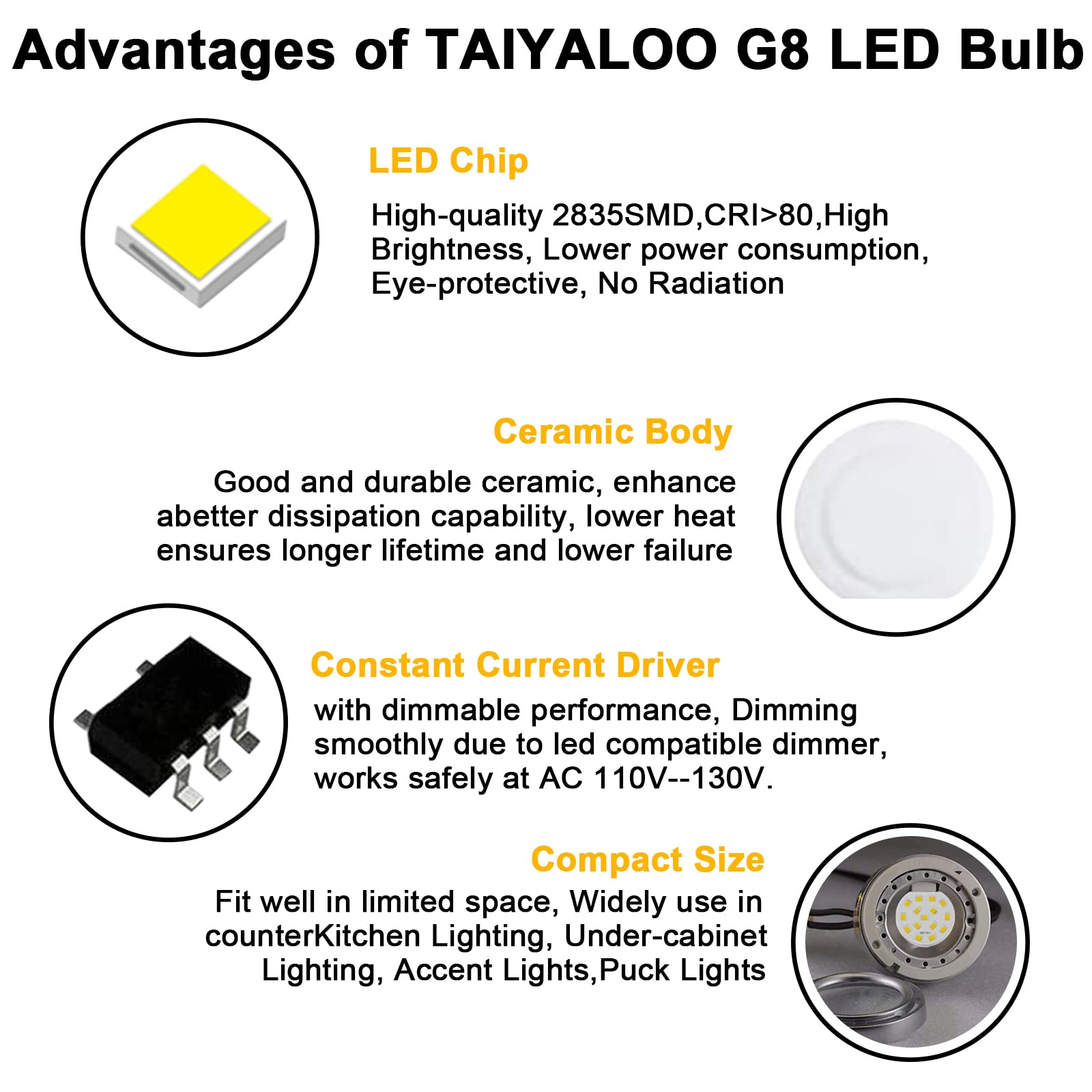 TAIYALOO G8 LED Bulb, Dimmable 3W (30W-35W Halogen Equivalent), Daylight White 6000K, 10 Count, T4