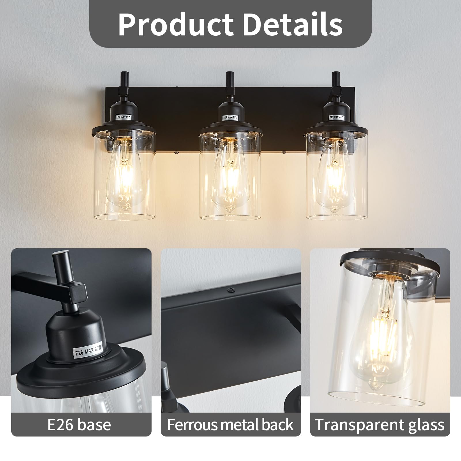 Lanhall 3-Light Black Bathroom Vanity Light Fixture, Modern Farmhouse Design, Glass Shade, Model 500-100-1072