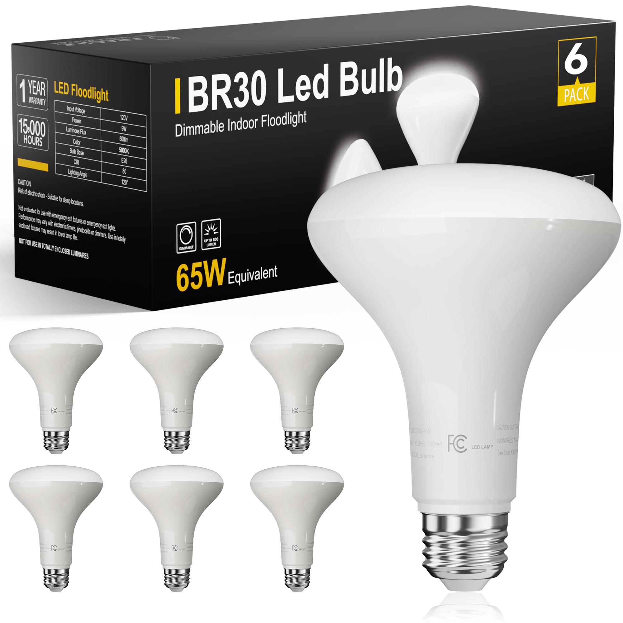 Tjoy 6 Pack Br30 Led Bulb 65W Equivalent, Dimmable Led Flood Light Indoor, E26 Base, 5000K Daylight, 9W, 800 Lm, Recessed Lighti