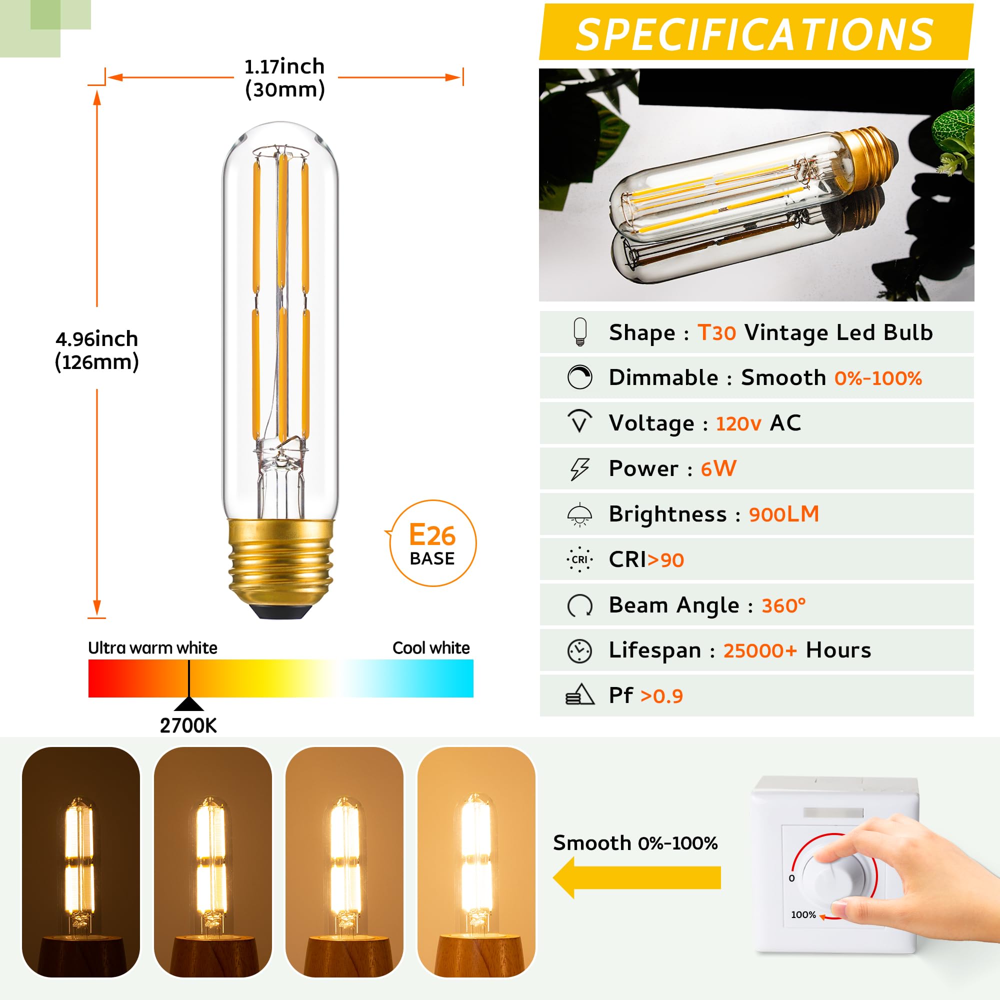 Sphoon Tubular Light Bulb Dimmable T10 Led Bulb E26 6W 60 Watts Edison Bulbs 2700K Solf White,125Mm Long For Wall Sconces, Penda