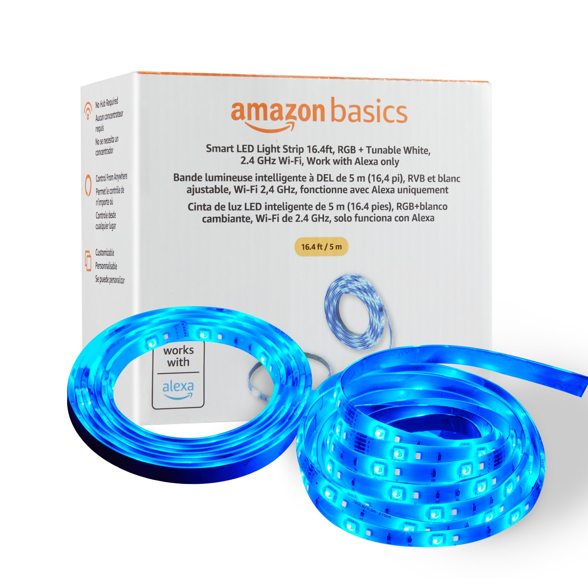 Amazon Basics Smart LED Light Strip, 16.4 Feet, RGB + Tunable White, Works with Alexa Only, 2.4 GHz Wi-Fi, No Hub Required