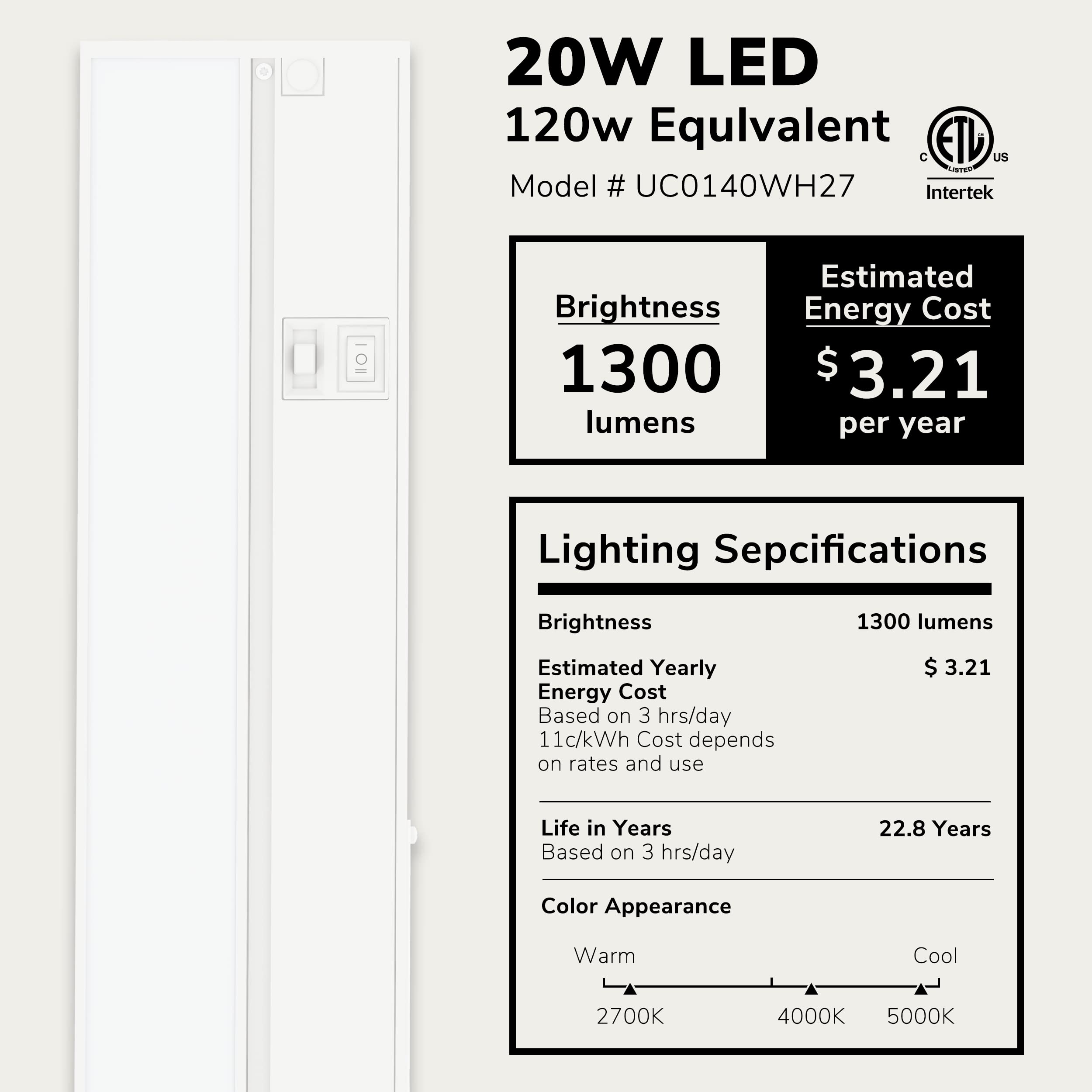Lagom 40'' Direct Wire Dimmable Led Under Cabinet Lights, Selectable 2700K/4000K/5000K, Selectable Brightness, White Finish, Uc0