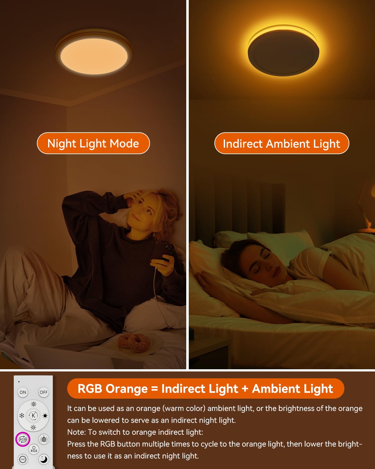 Aphyni Rgb Led Ceiling Light Fixture With Remote, 3600Lm Flush Mount Light Fixture, Diy Colors, Disco Mode, 3000K-6500K Dimmable