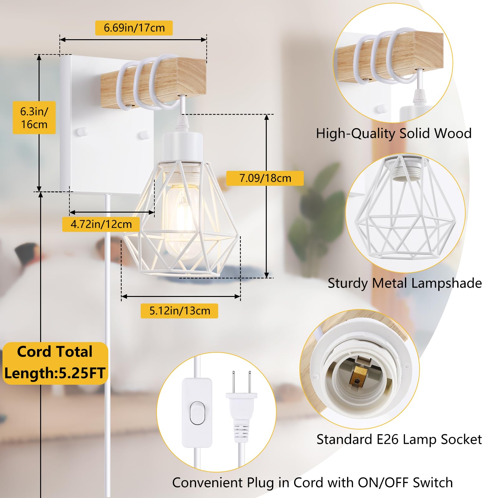 Lomoky Modern White Plug-In Wall Sconces Set of Two, Wooden & Metal, 5.25FT Cord, Industrial Lighting for Living Room & Hallway