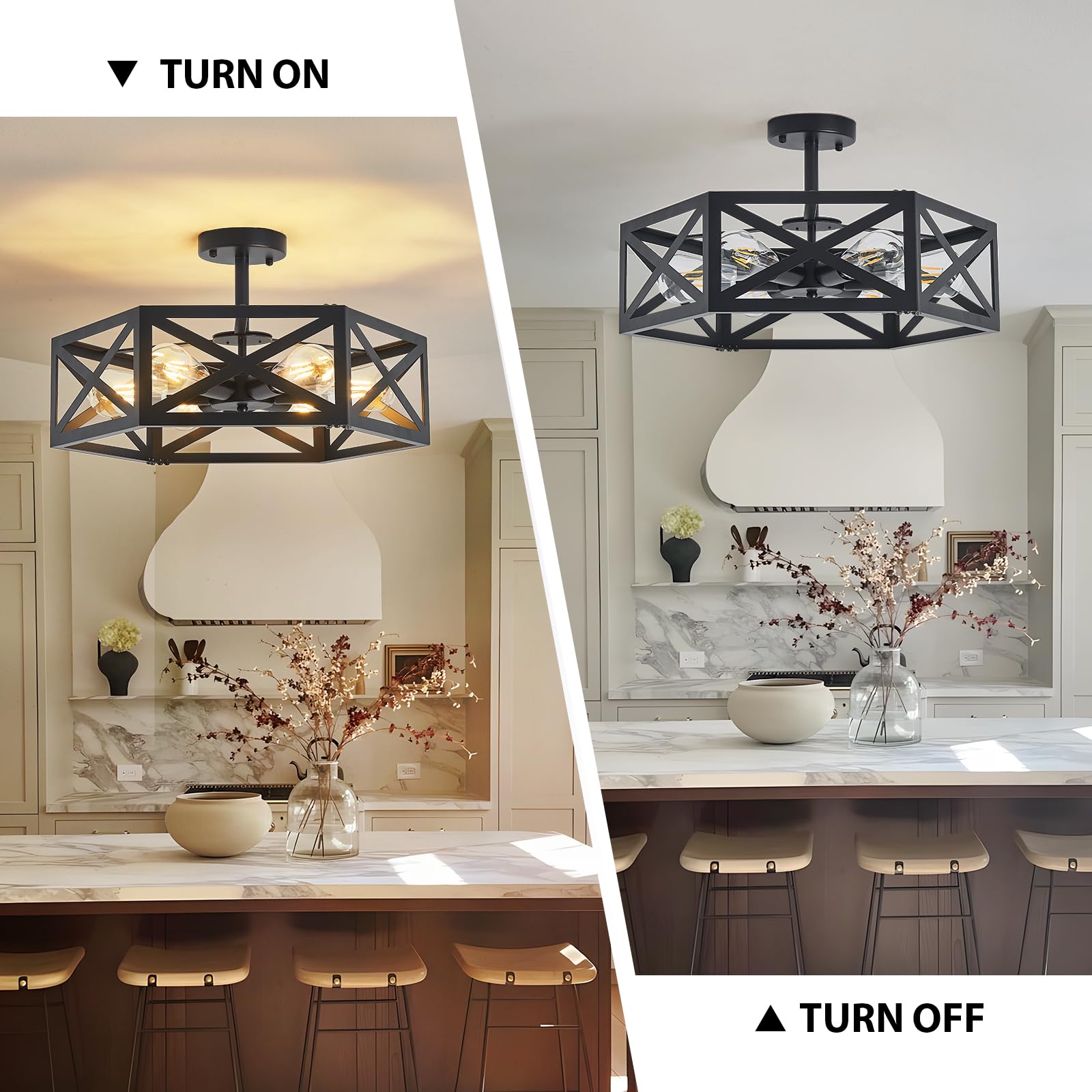 Oteedo Modern Semi Flush Mount Ceiling Light 19.7 6-Light Hexagon Flush Mount Ceiling Lights For Dining Room Light Fixture Farmhouse Black Metal Kitchen Island Lighting Fixtures For Hallway Bathroom