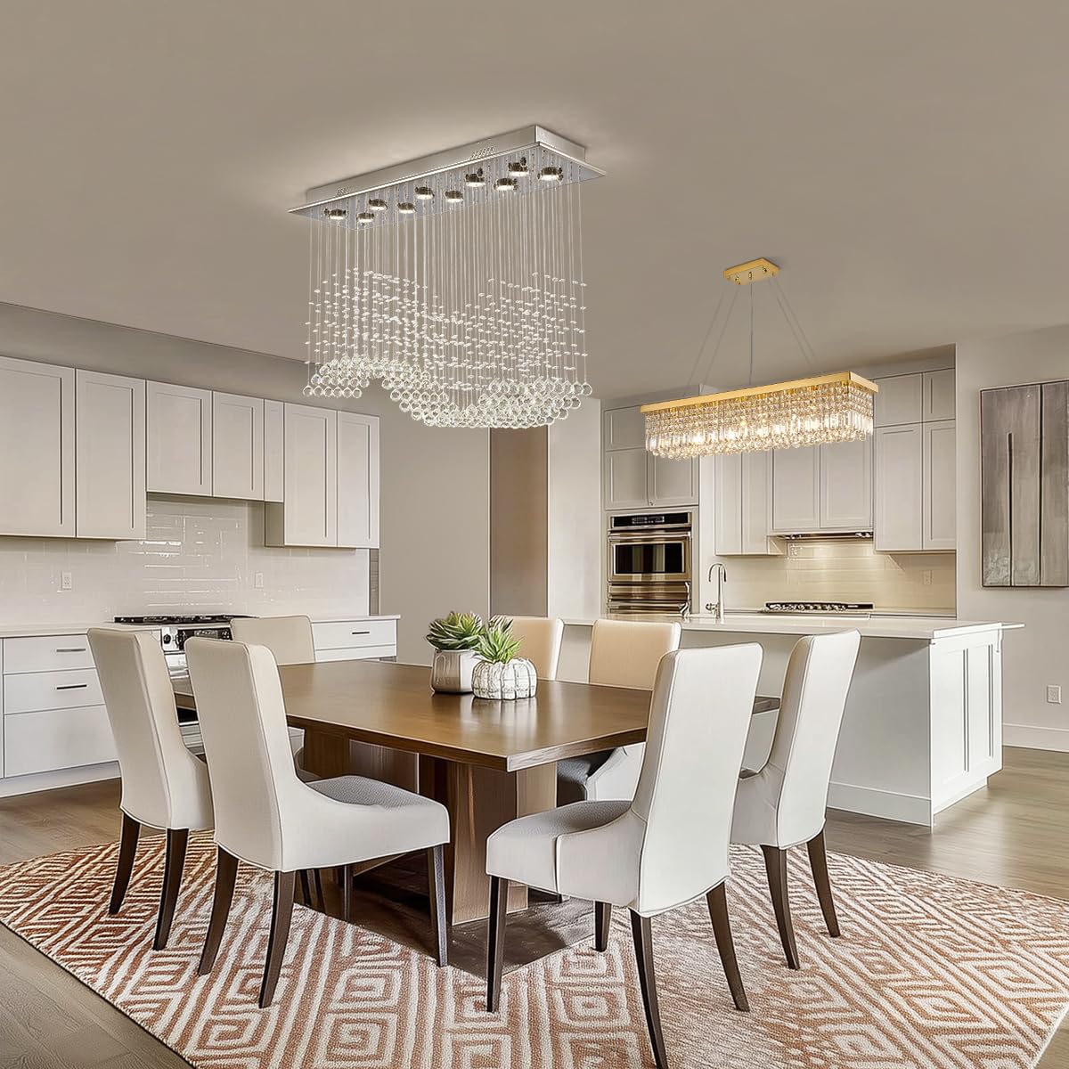 Siljoy Modern Wave Raindrop Crystal Chandelier Rectangular Pendant Flush Mount Ceiling Light For Dining Room Living Room Length