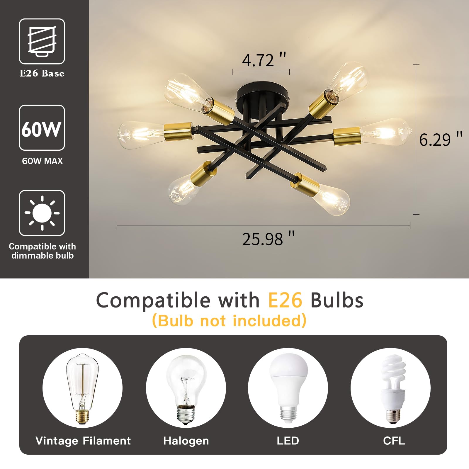 Asgyisa 6-Lights Sputnik Semi Flush Mount Ceiling Light Fixture Modern Metal Black And Gold Chandeliers With E26 Bulb Base Close