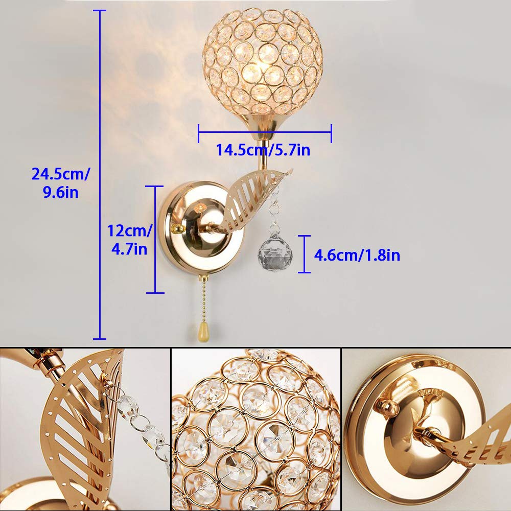 WeFoonLo Modern Crystal Wall Light Fixture, Chrome Finish, Gold, E14 Socket, Model TL1135, Bedroom Sconce with Pull Cord Switch