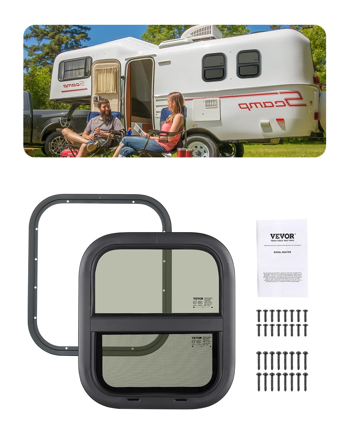 VEVOR Vertical RV Window, 14 W x 16 H Tinted Sliding RV Window with Net Screen & Trim Ring, Fit 15/16 - 1 3/4 Thickness Wall, RV