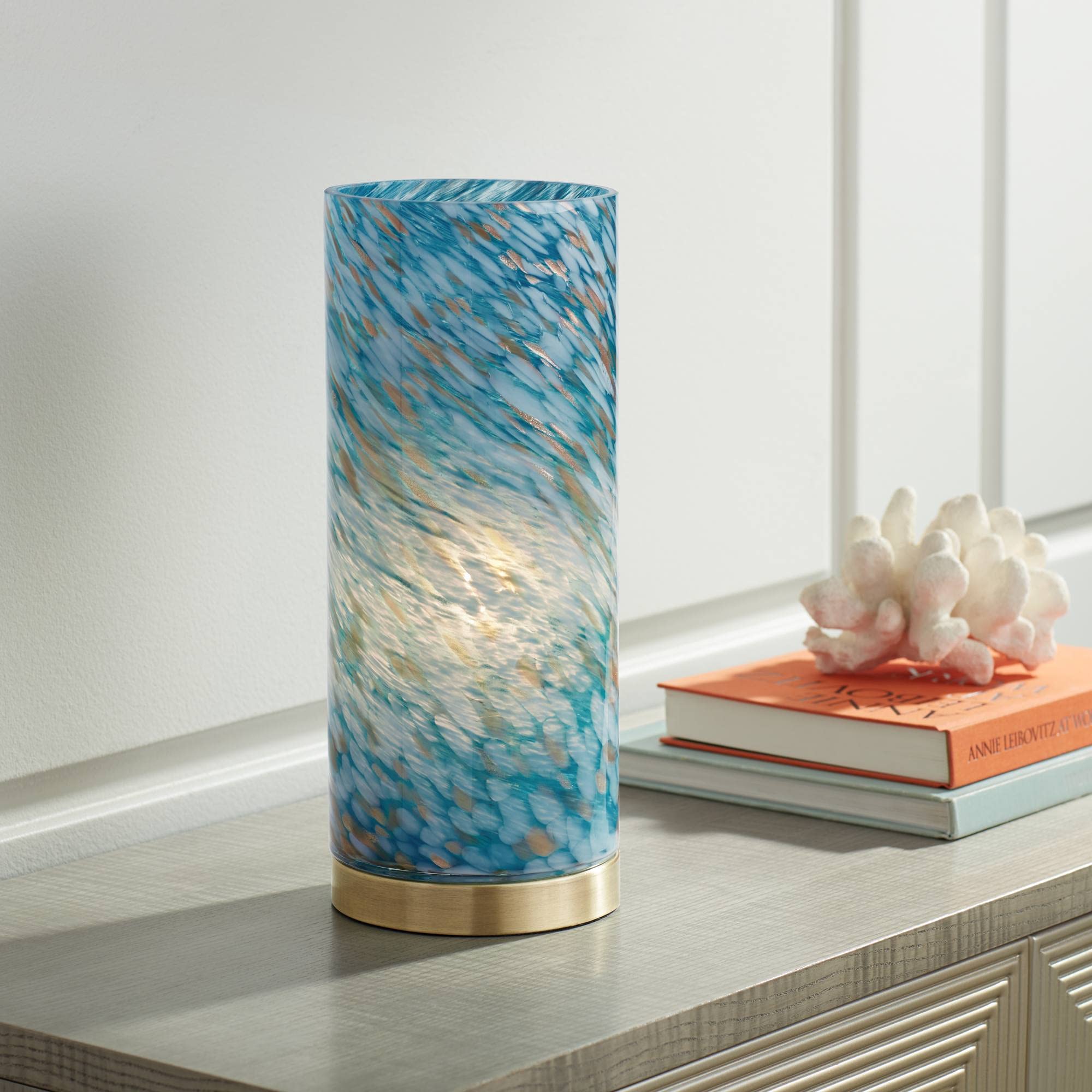 360 Lighting Nikki Modern Coastal Accent Table Lamp 13 1/2 High Antique Brass Metal Blue Art Glass Cylinder Shade for Bedroom Li