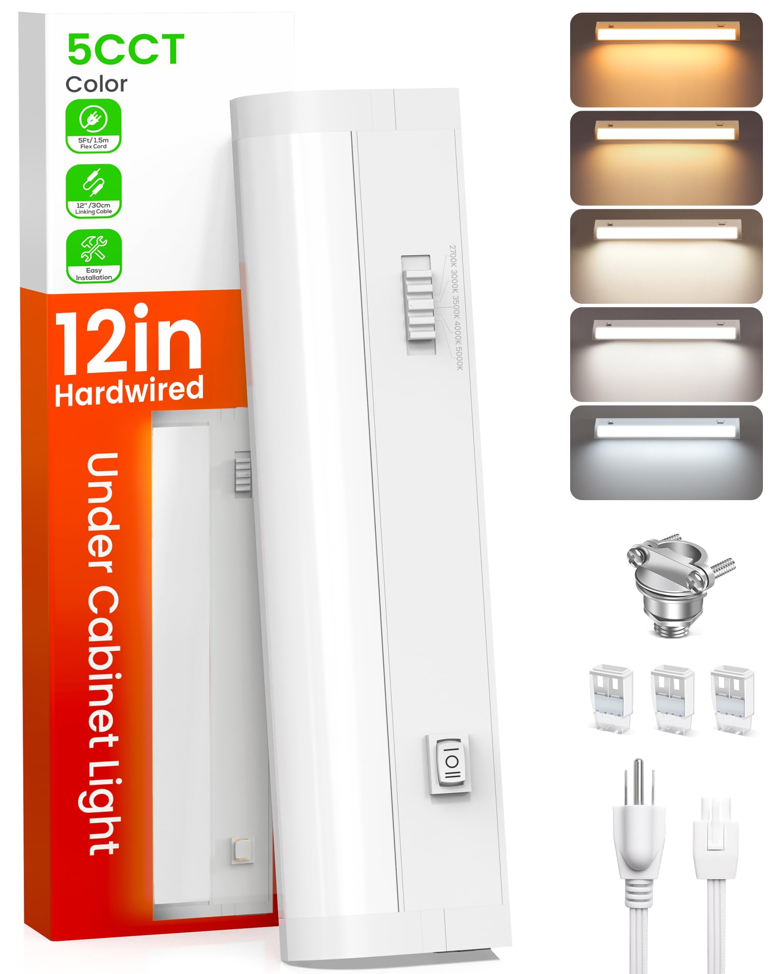 Alusso Lighting?12 Inch Led Under Cabinet Lighting Hardwired & Plug In  5Cct Color Selectable 2700K-5000K Dimmable 6W 510Lm High Brightness  Linkable Strip Under Counter Lights For Kitchen  1 Pack