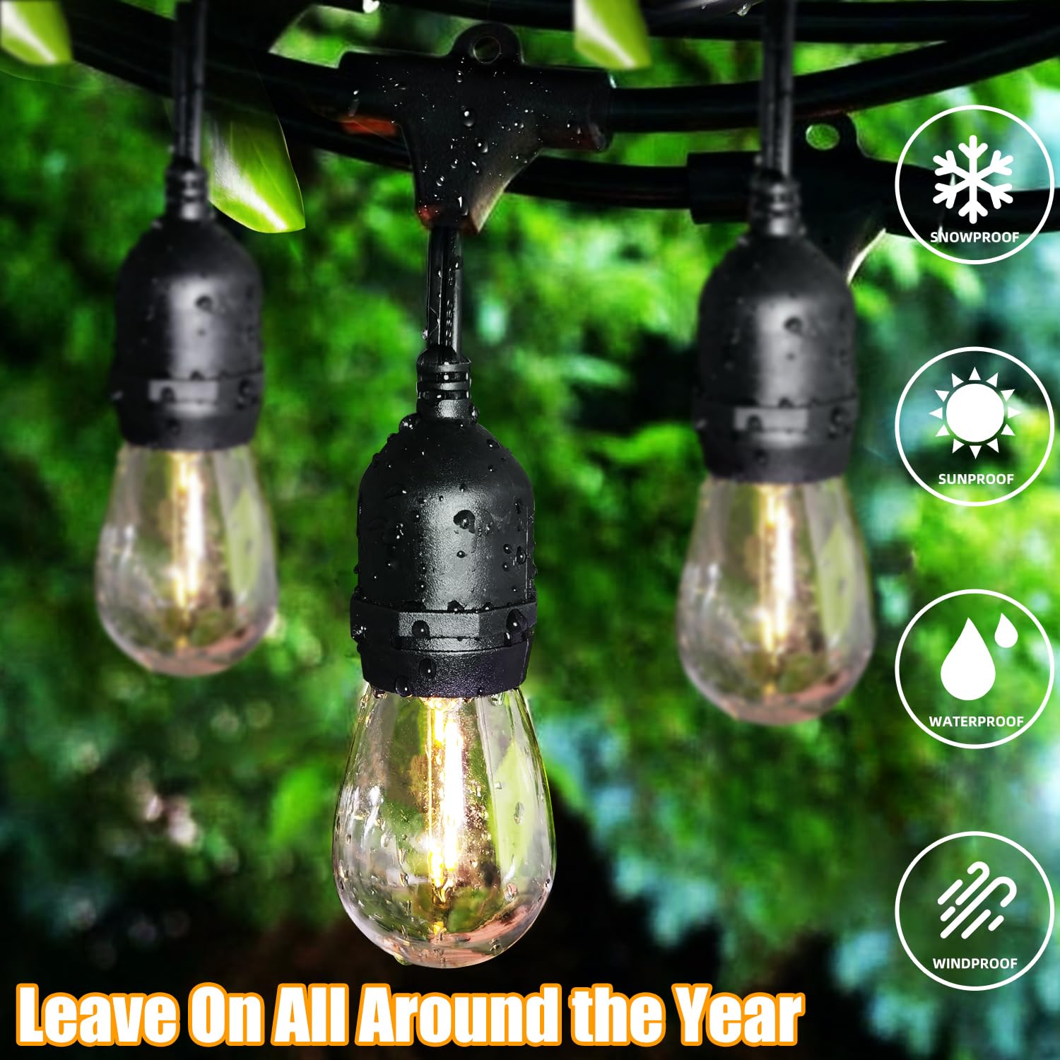 Lakumu 96Ft Outdoor String Lights, Waterproof Dimmable S14 Led Bulbs, Heavy Duty Bistro Lights