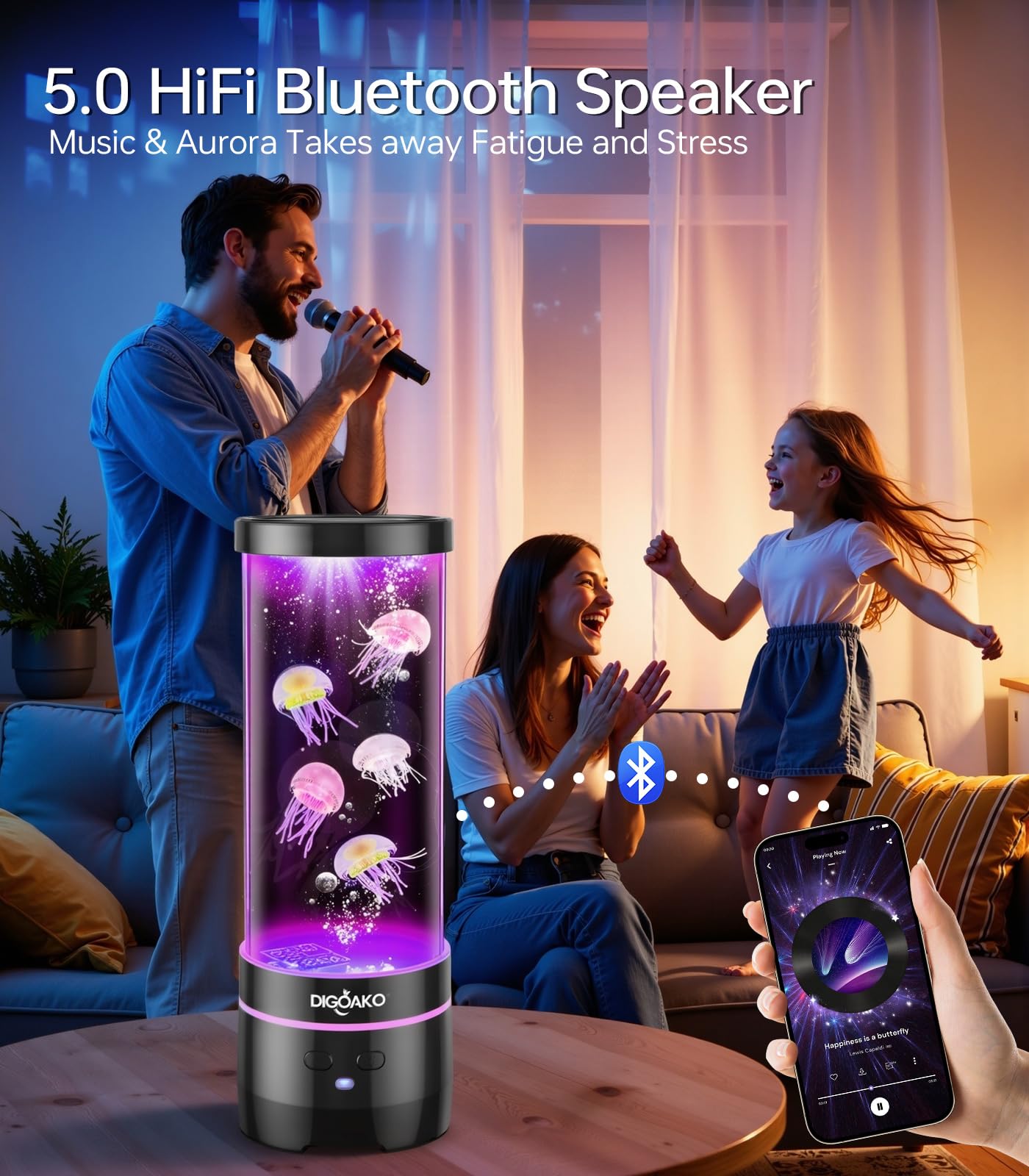 DIGOAKO Jellyfish Lamp Bluetooth Speaker, 17-Color Floating Aquarium Light, 4"x4"x12", Black, Model JFL-BS/BA, Great for Home Decor