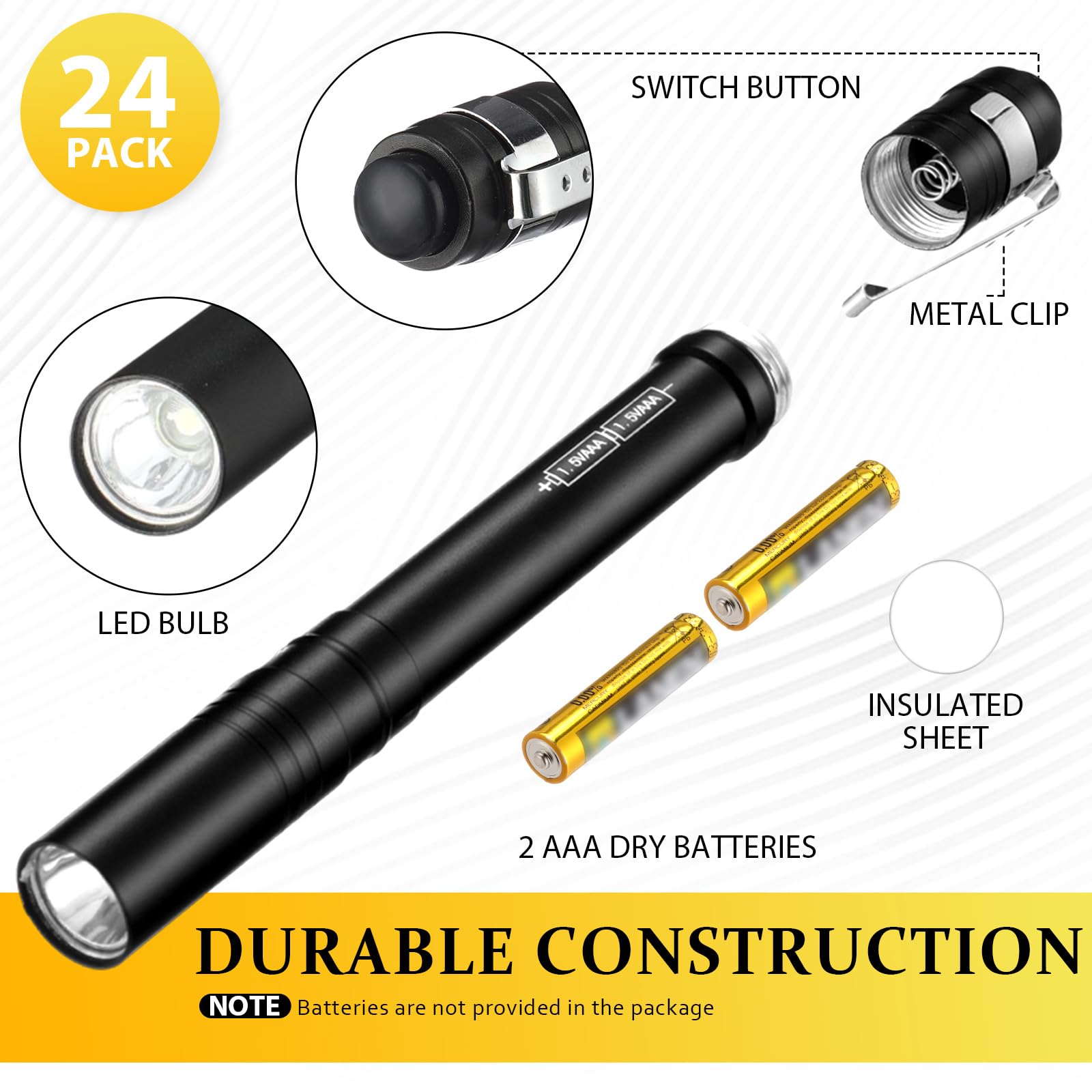 Rossesay Mini Pen Flashlights 24 Pack LED Aluminum Pocket Lights Black/Silver/Yellow XUU-Rossesay-0834