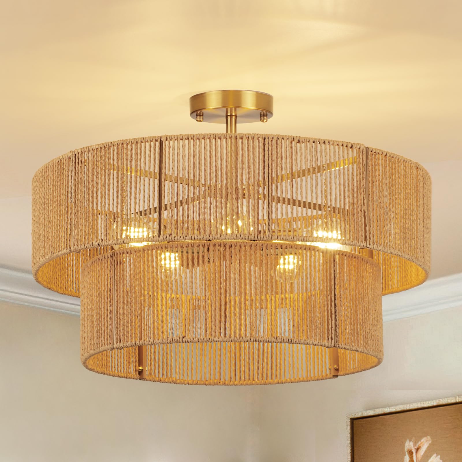 Clarsyne 22  Boho 2-Tier Rattan Ceiling Light Fixture  5-Light Flush Mount Woven Chandelier For Bedroom  Dining Room  Kitchen  Entryway  Living Room  Rustic Gold Lighting