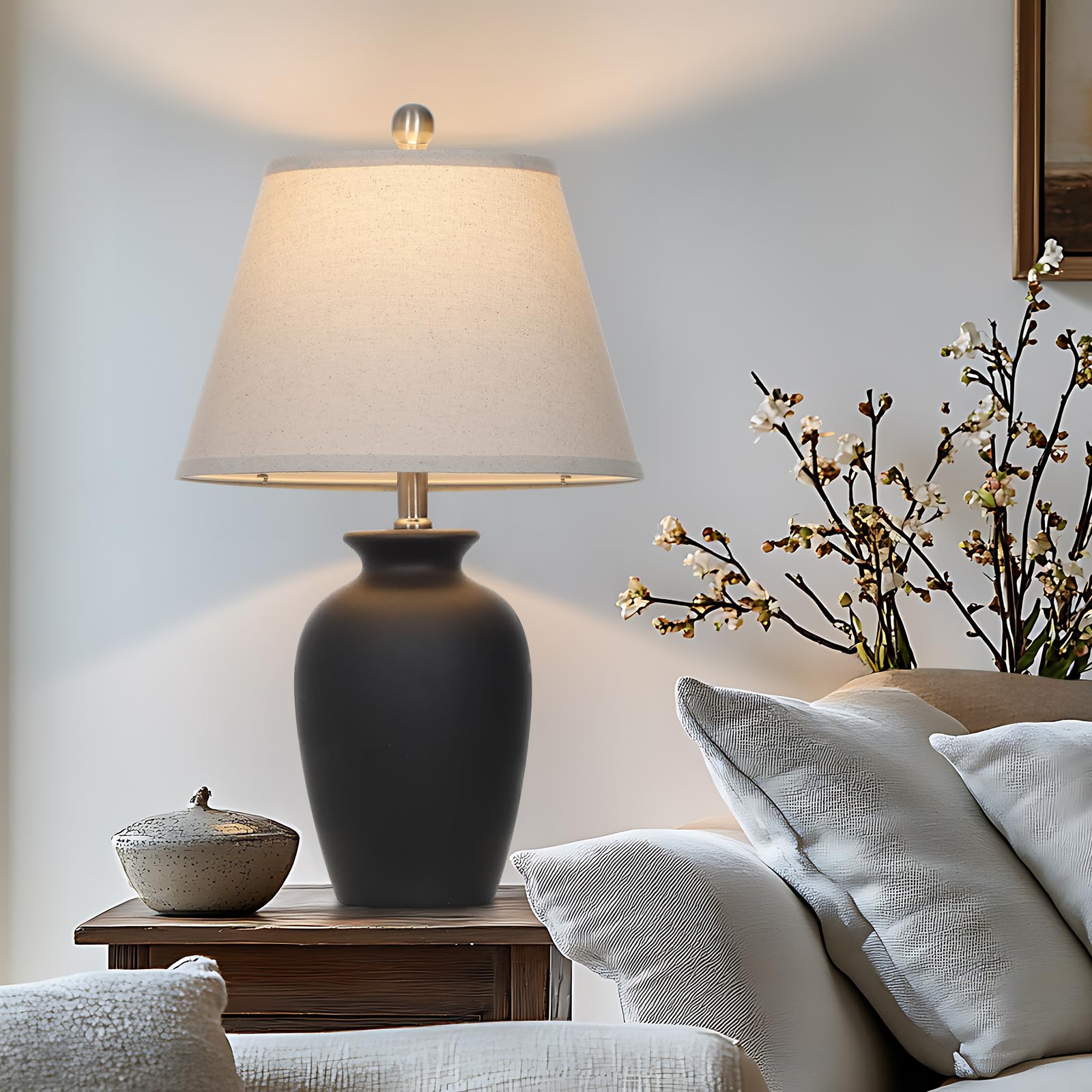 Cinkeda 22'' Black Ceramic Farmhouse Table Lamp With Ginger Jar Design - For Living Room,Dining Room,Bedroom,Office,Nightstand,E