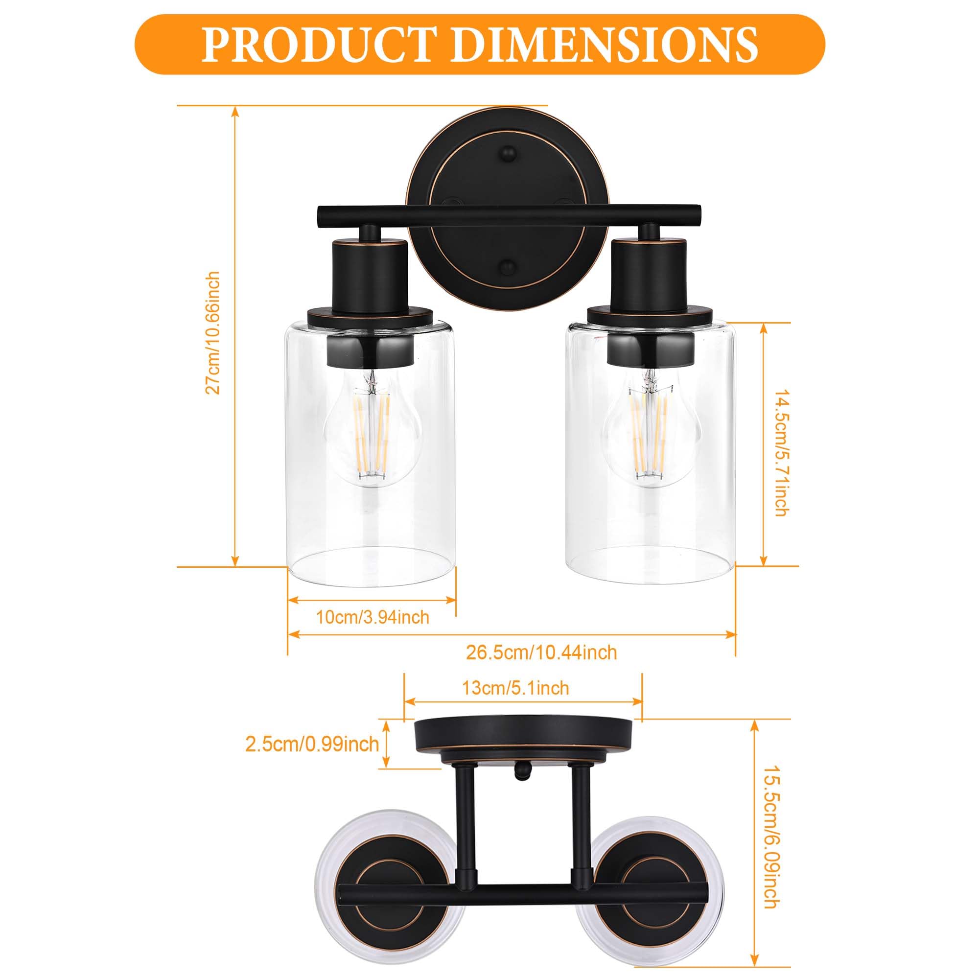 Faymart 2-Light Vanity Light Fixture - Oil Rubbed Bronze, Glass & Metal, Model FML-2L-BRZ-BTH