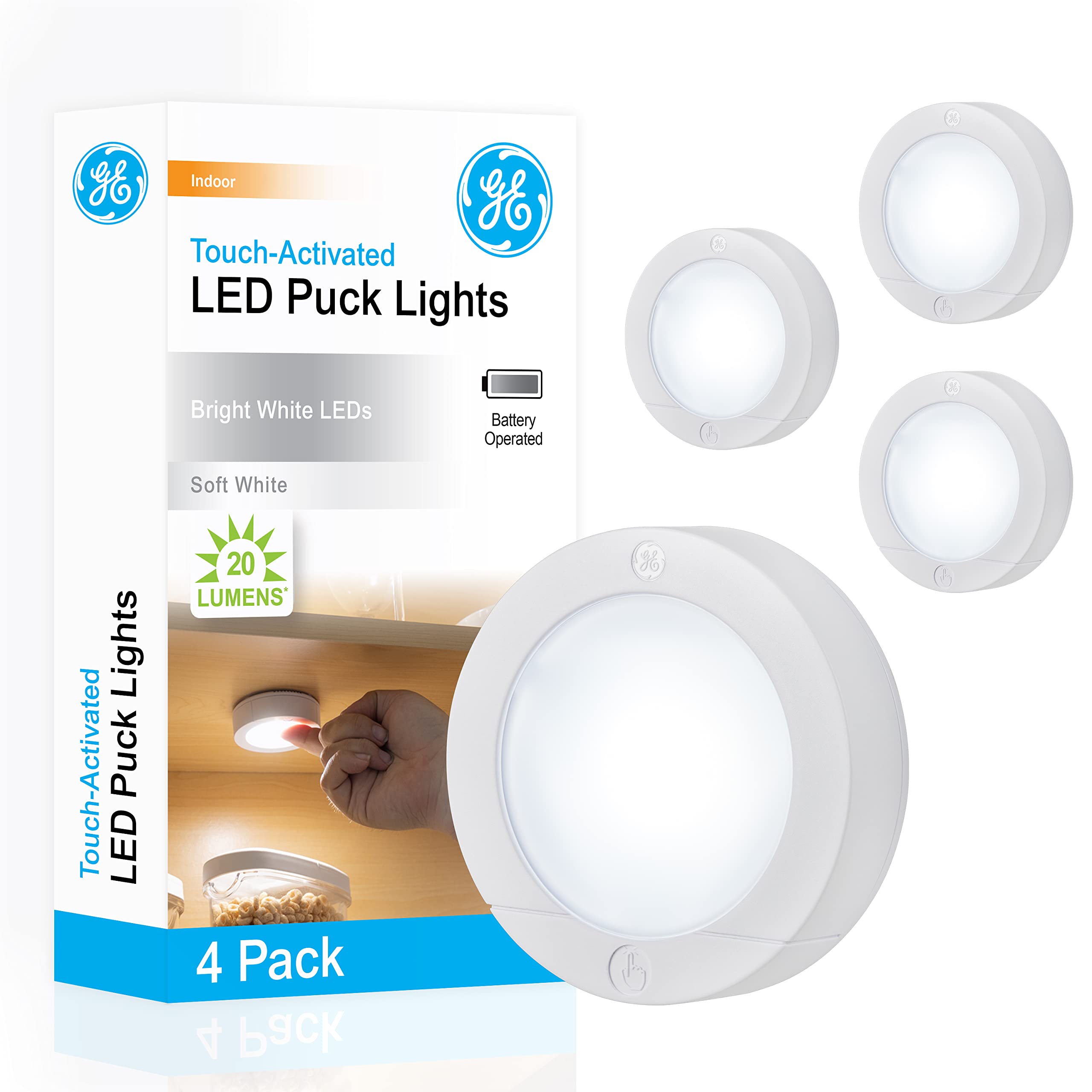Ge Wireless Led Puck Lights, Battery Operated, 20 Lumens, Touch Light, Tap Light, Stick On Lights, Under Cabinet Lighting, Ideal