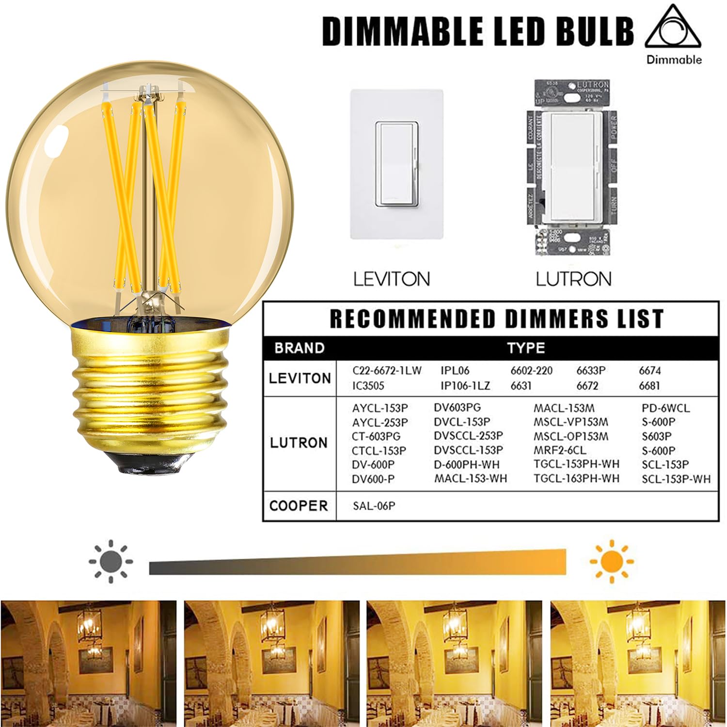 Leools G16.5 E26 Led Bulb 4W Equal 40 Watt Vintage Led Edison Bulb Ac120V 400Lm 2700K Amber Warm White Clear Dimmable Led Bulb F