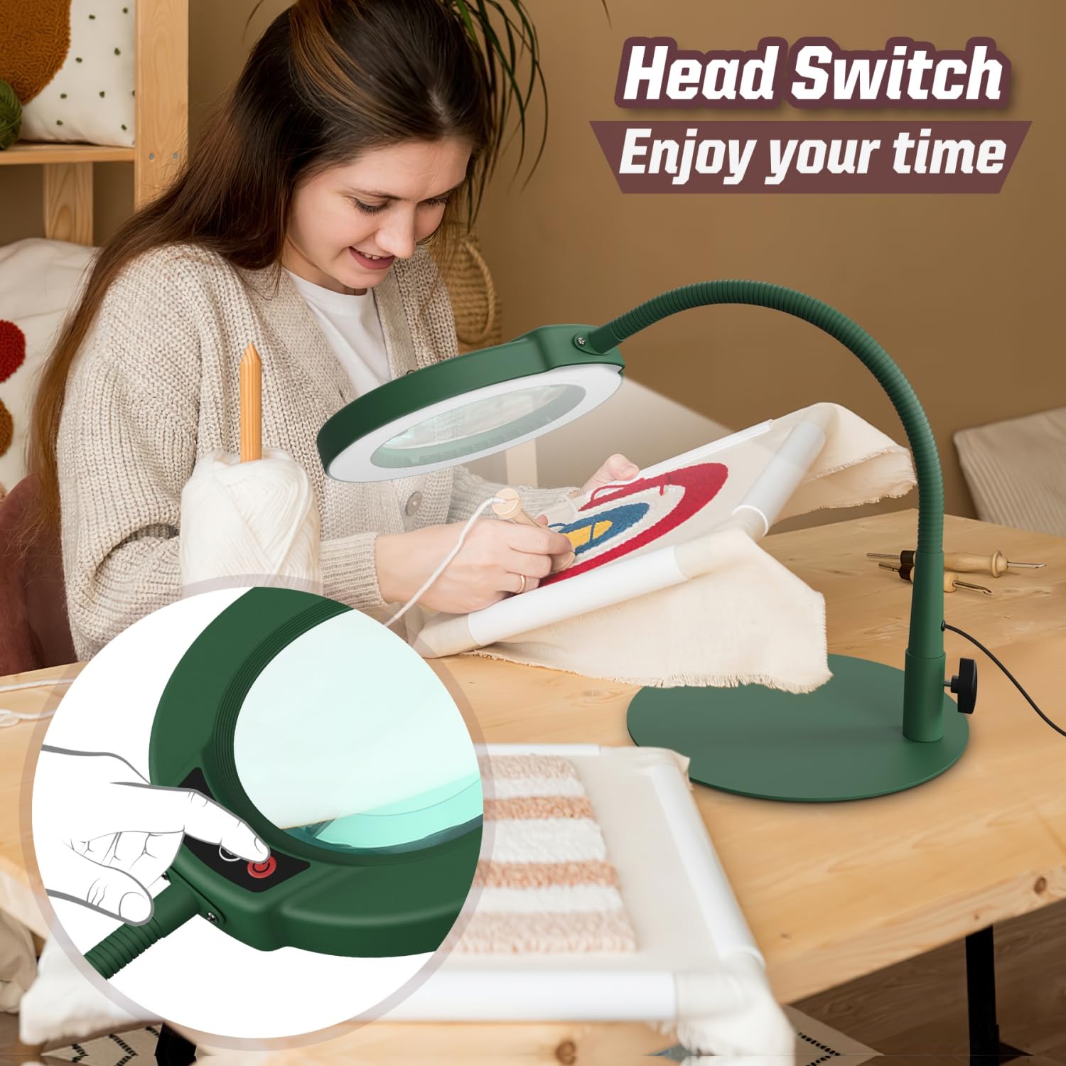 Krstlv 10X Magnifying Glass with Light, Stepless Dimmable LED, Flexible Gooseneck, Green, Model EG906