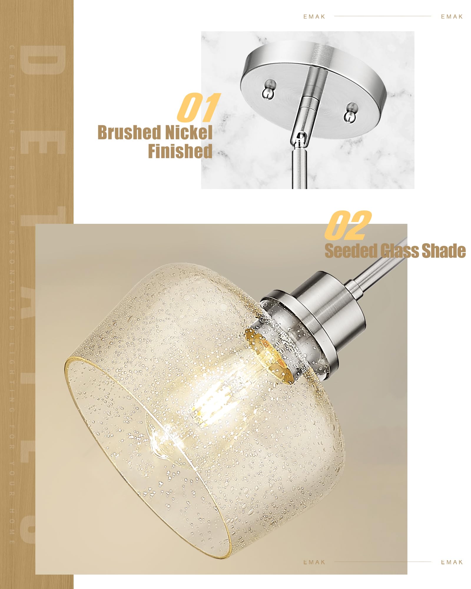 Emak Modern Brushed Nickel Pendant Lights Kitchen Island, 2 Pack 8 Inch Seeded Glass Pendant Light Fixtures For Kitchen Island,