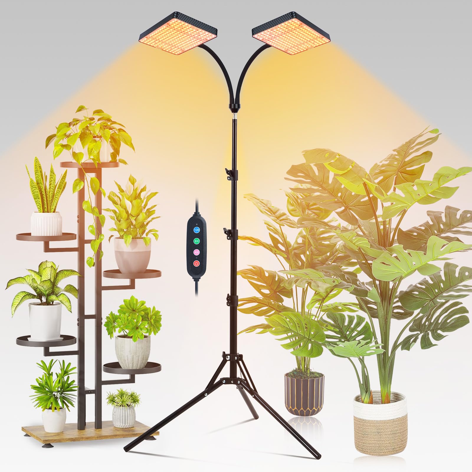 2-Head Grow Light with Stand 50W, FECiDA 2025 Grow Lights for Indoor Plants, Full Spectrum LED Plant Grow Light for Houseplants,