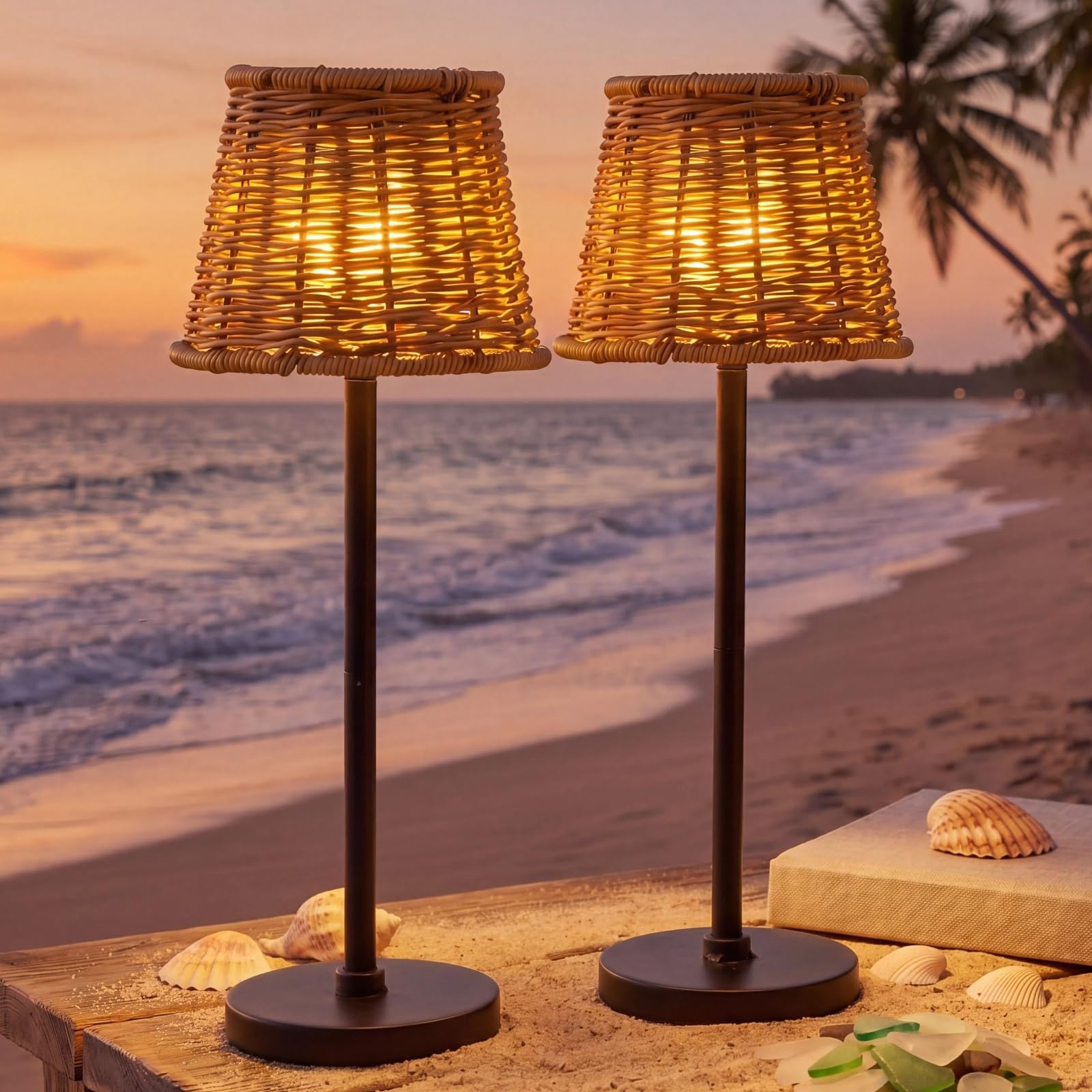 VIHOSE Rattan Solar Table Lamps 2 Sets for Outdoor Handmade Woven Boho Lamp for Garden Yard Patio Porch Lawn Pathway, Decorative