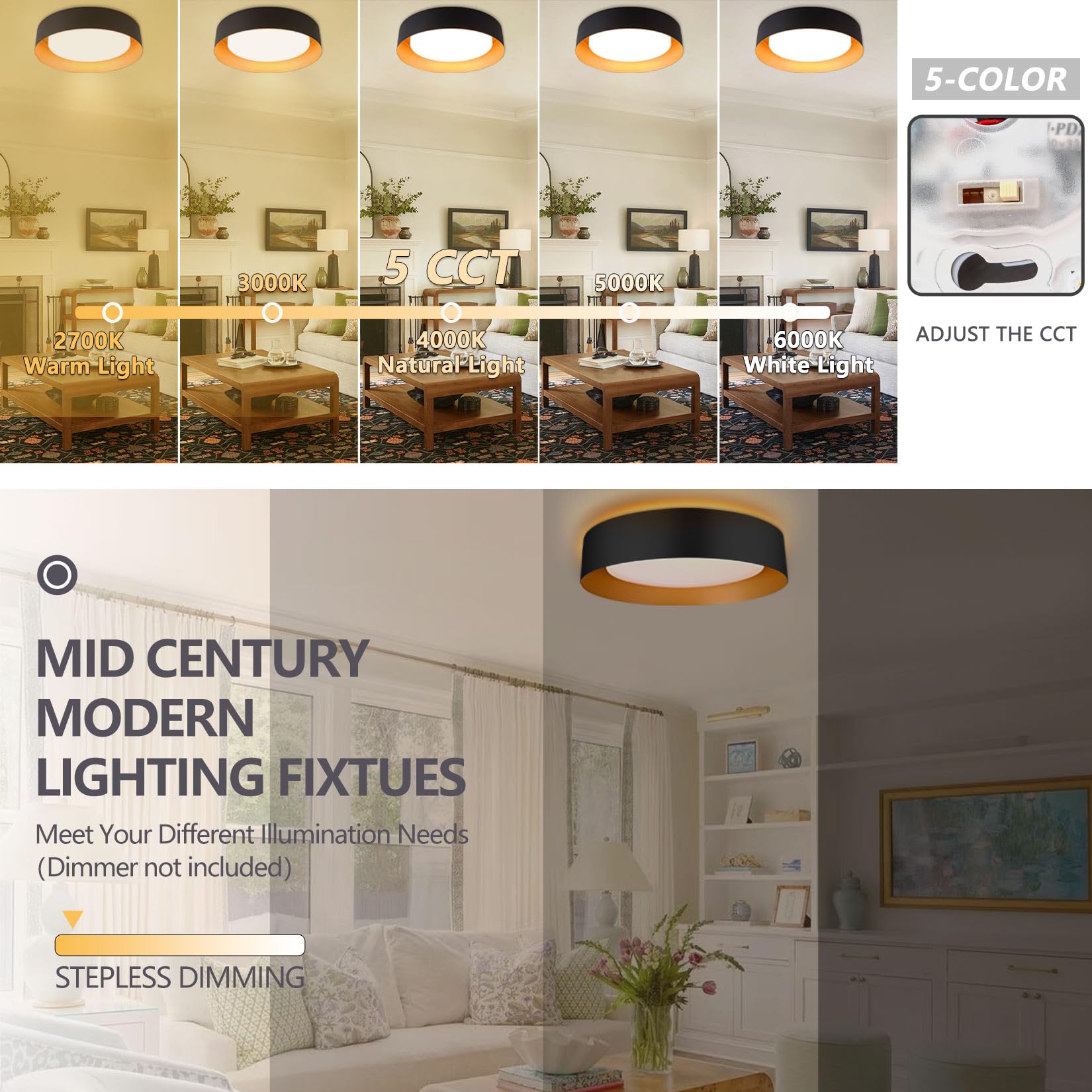 Bargeni Flush Mount Ceiling Light,12.5 Inch Led Ceiling Light With Night Light,Matte Black With Gold Inside,24W/2700K/3000K/4000