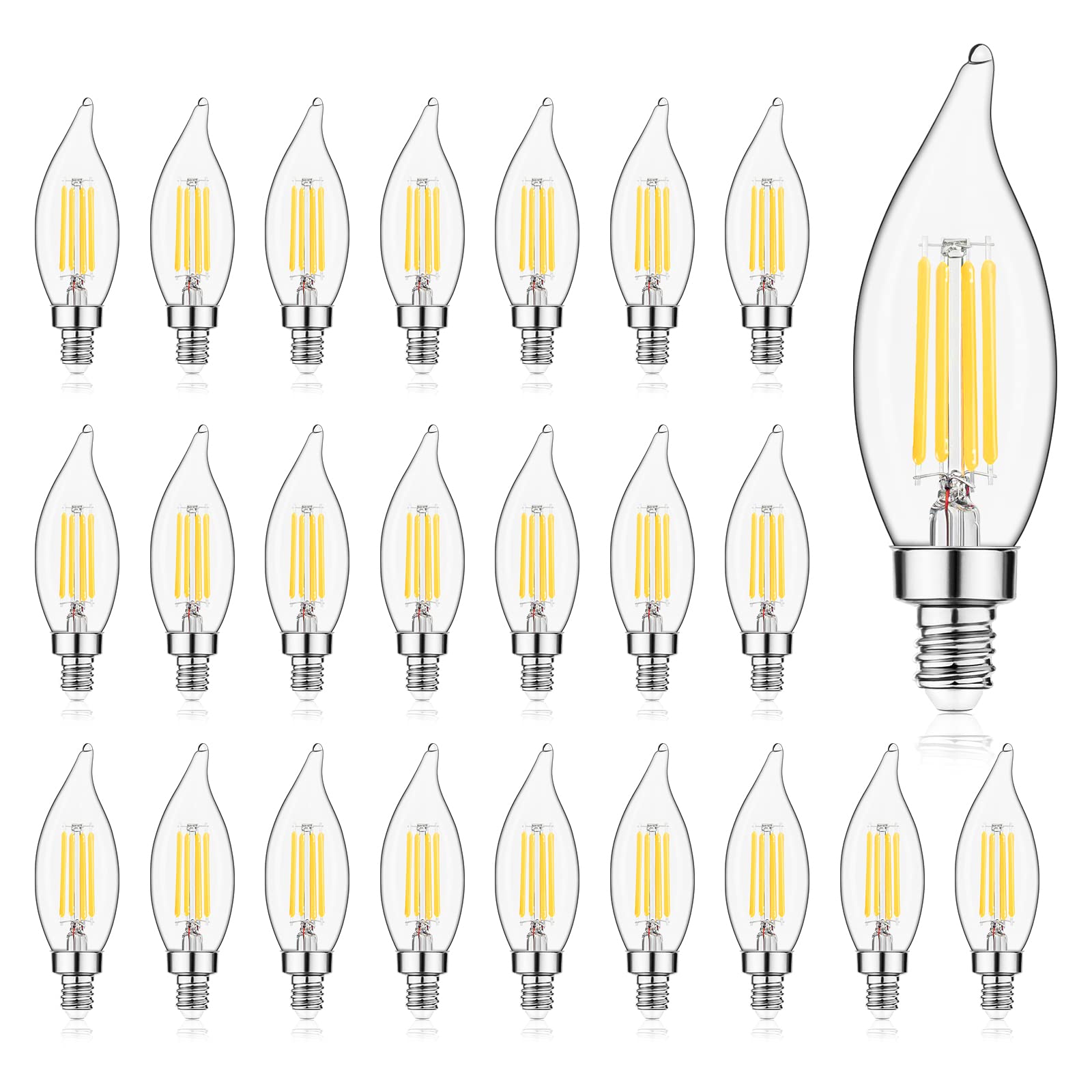 Sigalux E12 Candelabra Bulb 60 Watt, 24 Pack Candle Light Bulbs Dimmable, Ca10 Flame Tip 500Lm 2700K Soft White, E12 Candelabra 
