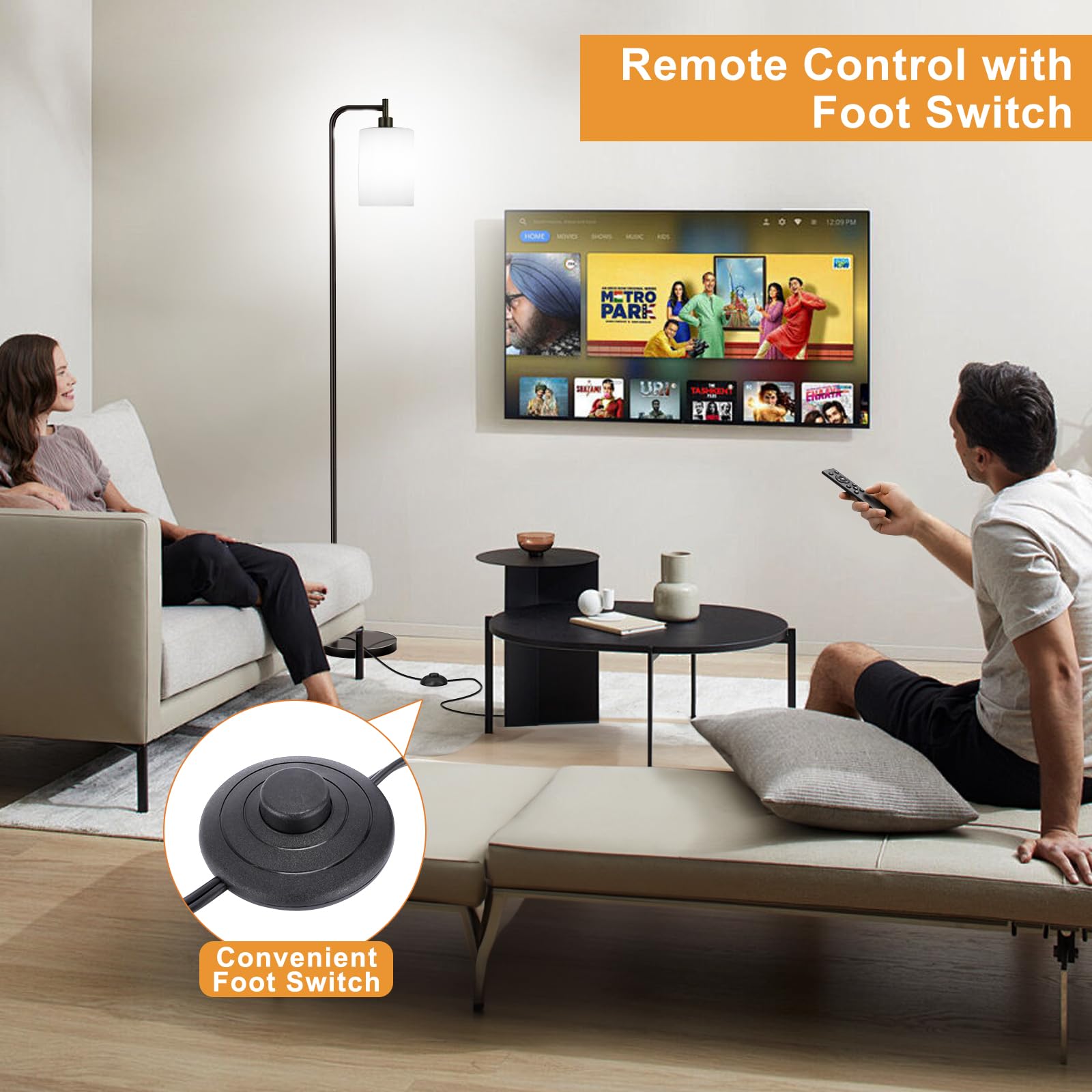 Ziisee Floor Lamps For Living Room - Standing Lamp With Remote Control Glass Shade, Modern Floor Lamp With Led Bulbs, Bright Industrial Floor Lamp For Bedroom, Black Tall Lamp For Office