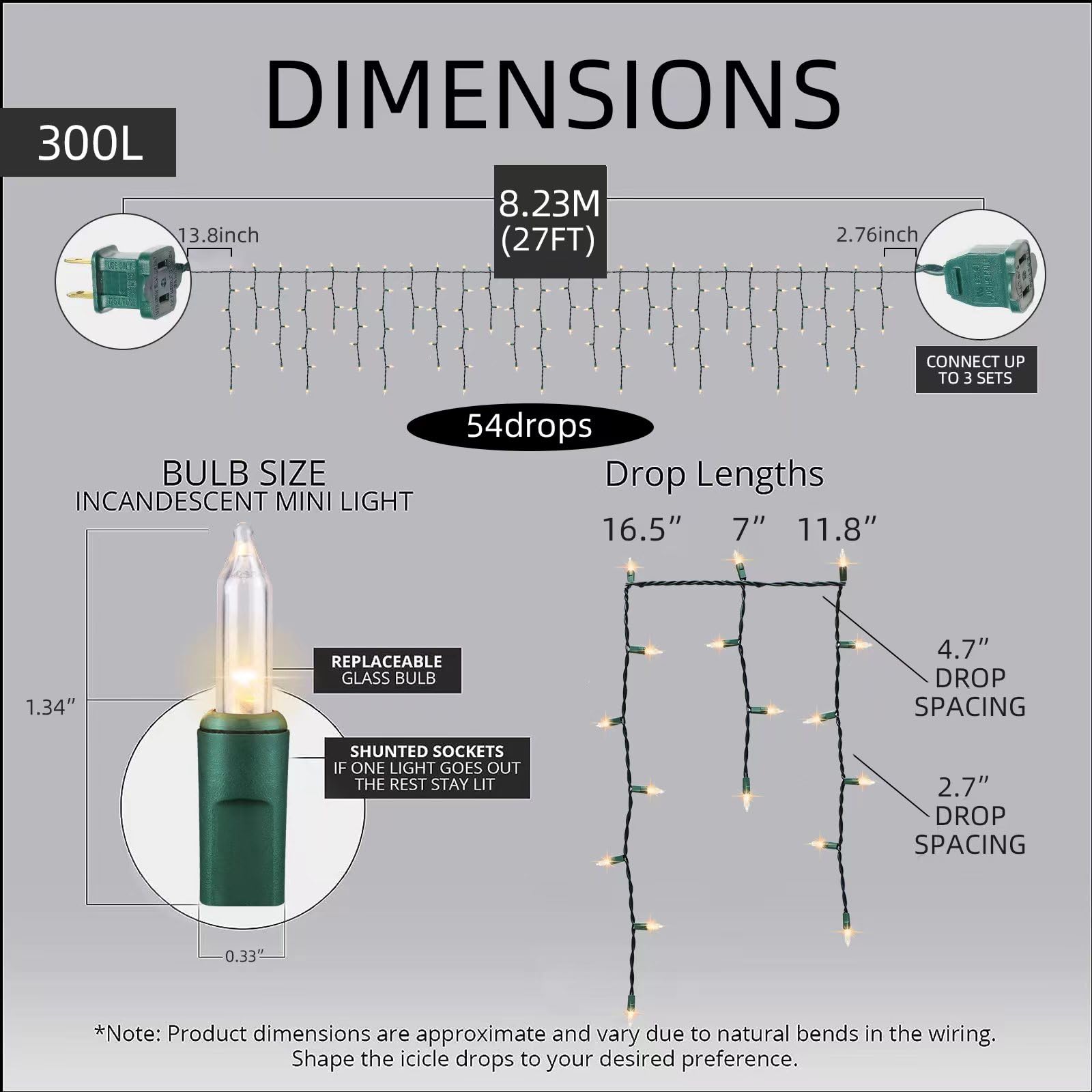 LAMPHOME Icicle Lights - 300 Count Clear - 27 FT Green Wire - Indoor/Outdoor Holiday Lighting - Model LX2362
