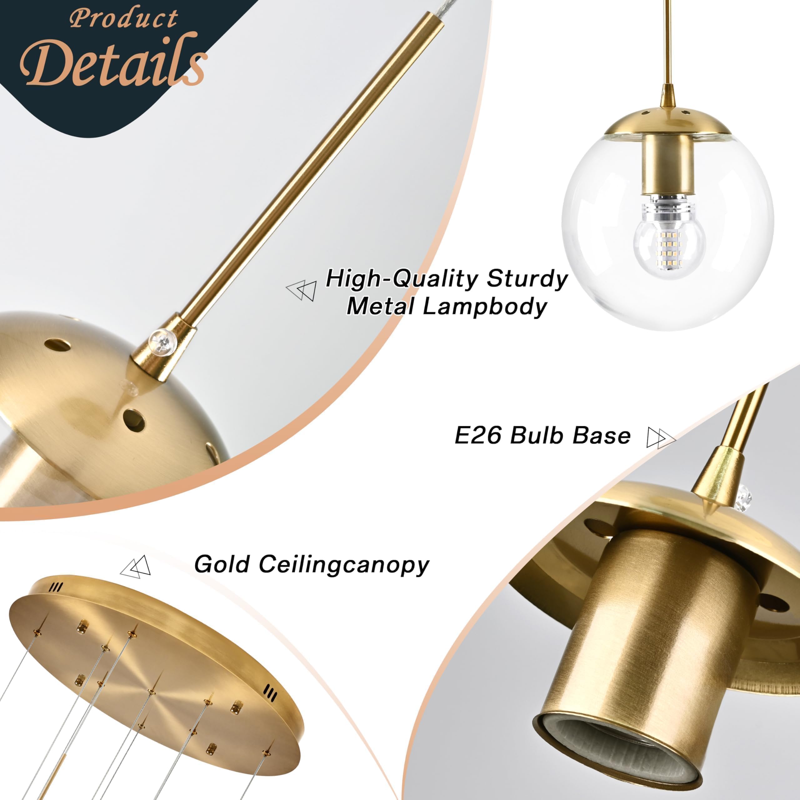 Koko&Yukina 9-Light Globe Glass Pendant Light Adjustable Length Pendant Lights Fixtures Modern Gold Clear Globe Glass Chandelier