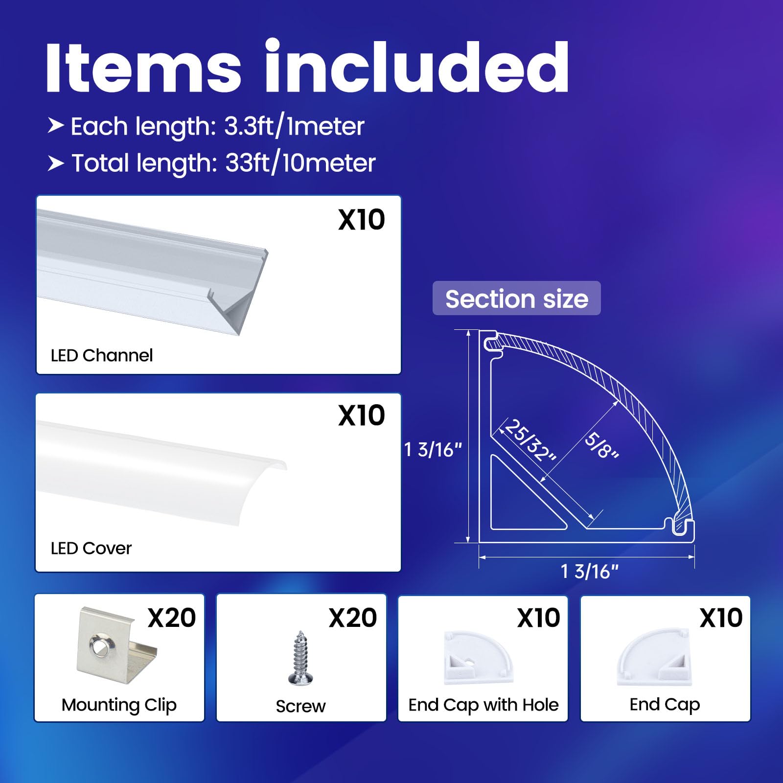 Muzata LED Diffuser Channel 10Pack, 3.3FT/1M, Silver Aluminum, Milky White Cover, Model HSL-1282
