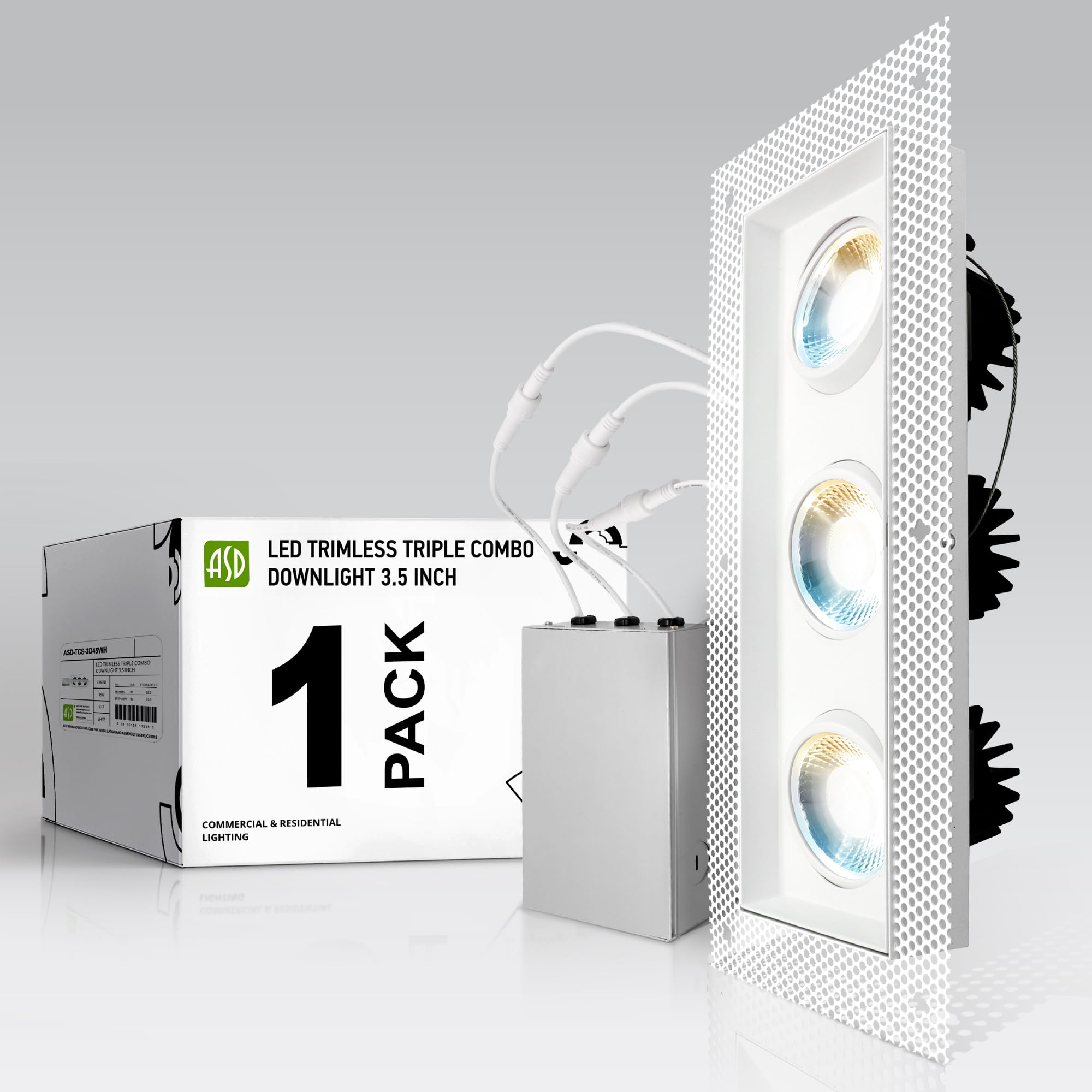 ASD 3/4 Inch LED Recessed Lights 3-Heads Adjustable, Trimless Recessed Lighting 45W, Airtight Gimbal Downlight, 2700K/3000K/3500