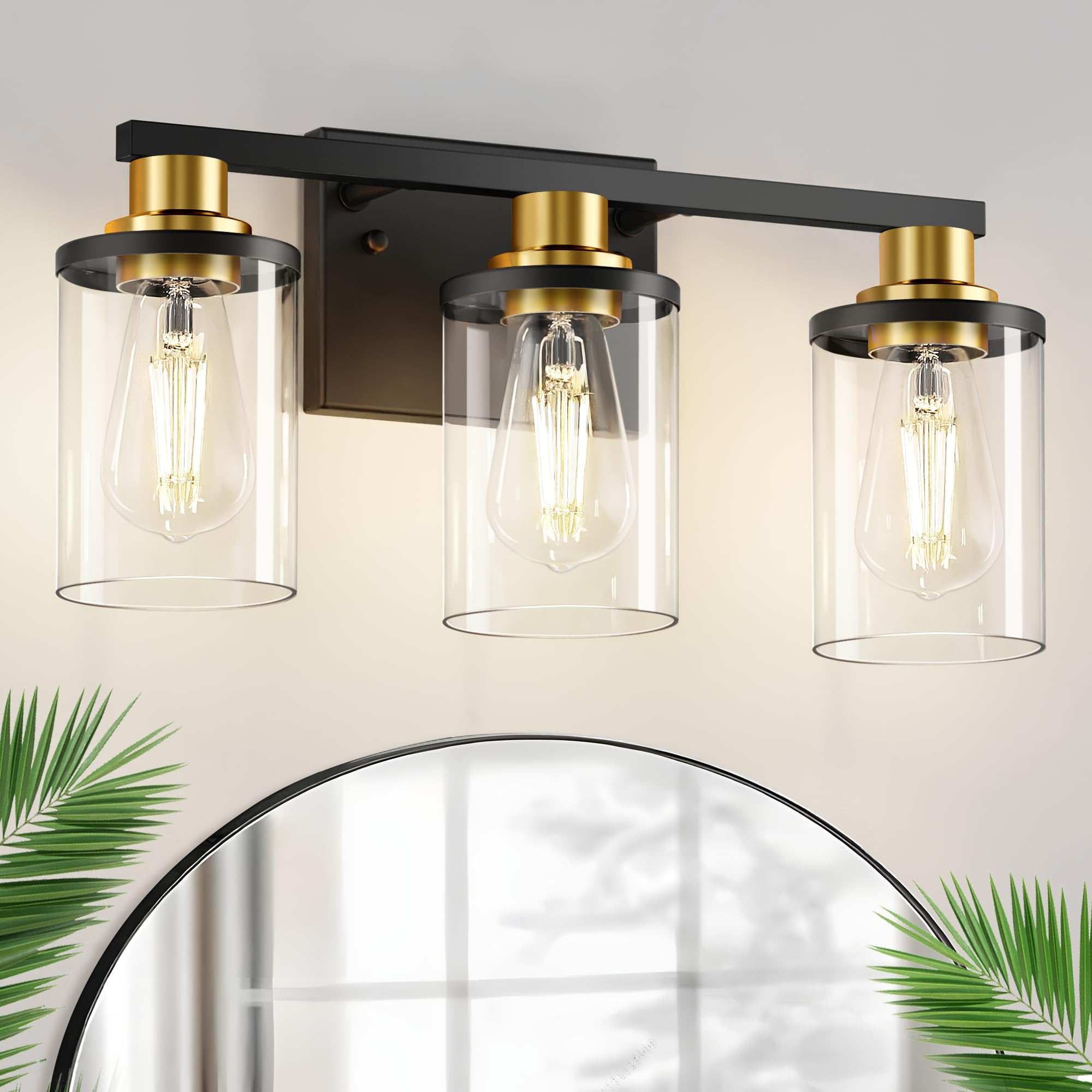 L LOHAS LED 3-Light Bathroom Light Fixtures, Black and Gold, Modern Design, Glass Shade, ETL Listed, Model USA-LK-JQ00501CGB