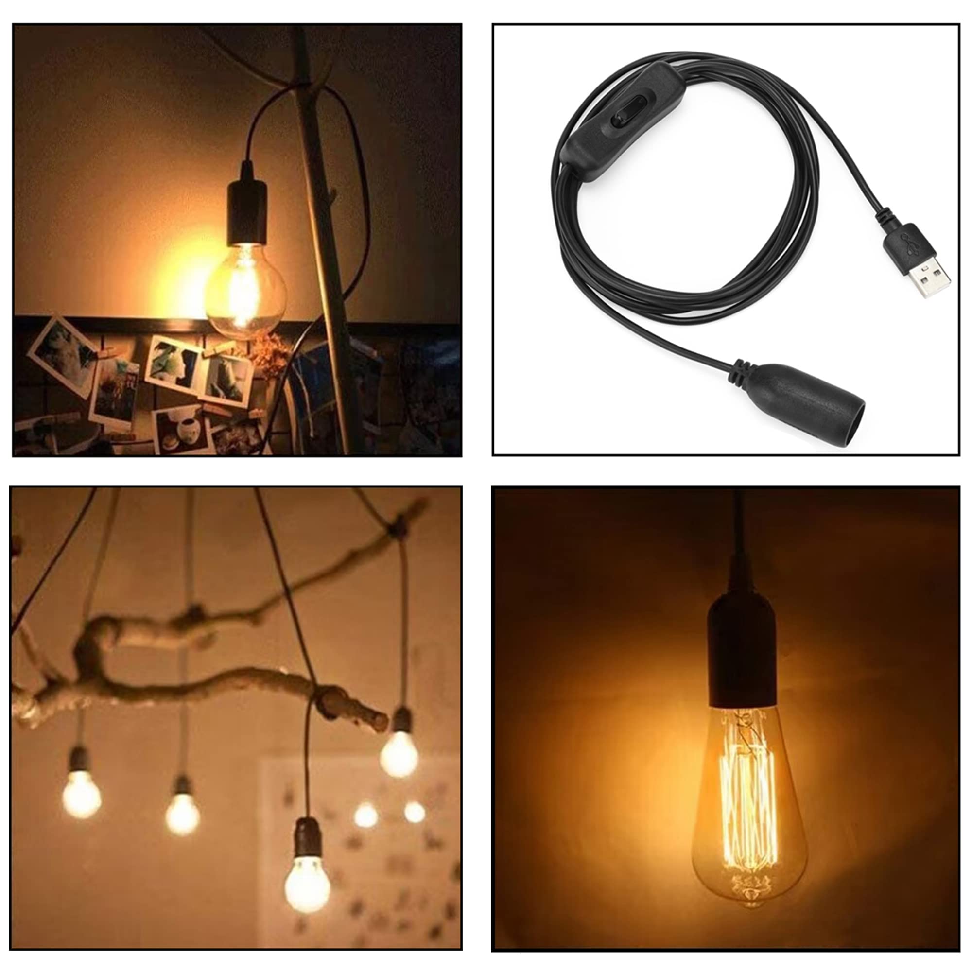 GutReise 5V USB to E14 Socket with 2 E14 LED Bulbs, Black, Plastic, Ideal for Table Lamp and Home Decoration