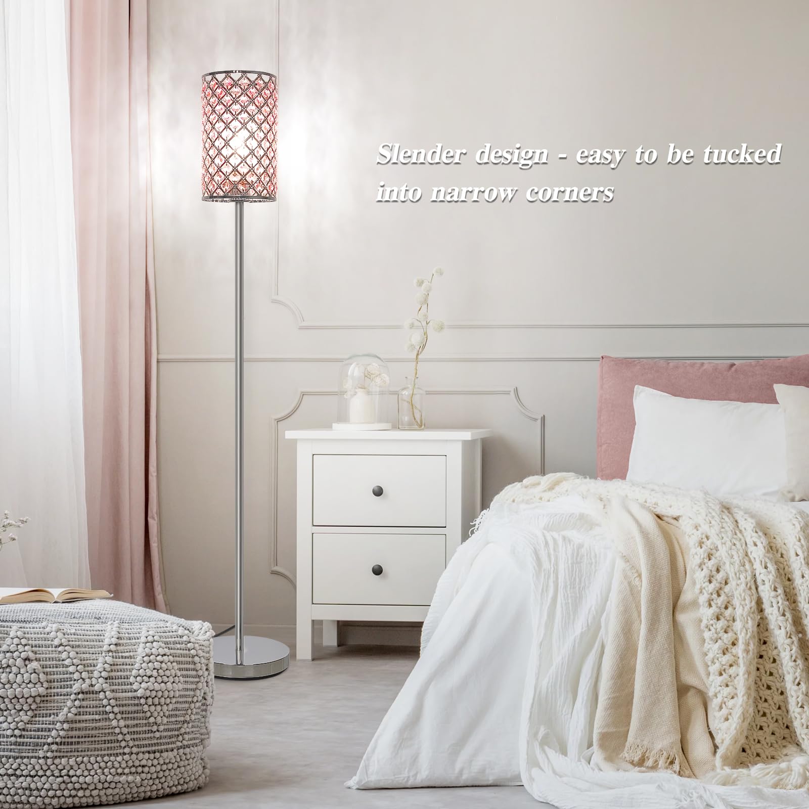 Crystal Floor Lamp For Bedroom, Silver Floor Lamp With Pink Shade, Girls Floor Lamp With On/Off Foot Switch, Elegant Standing Li