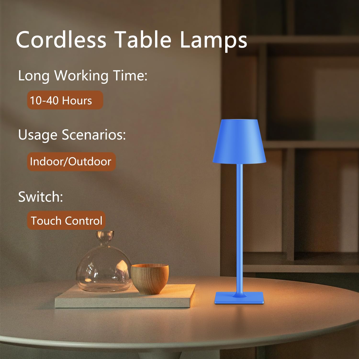 Yogaret Blue Cordless Table Lamp Set of 2, Metal Indoor/Outdoor Lighting, Model Yogaret-Dinner Lamp