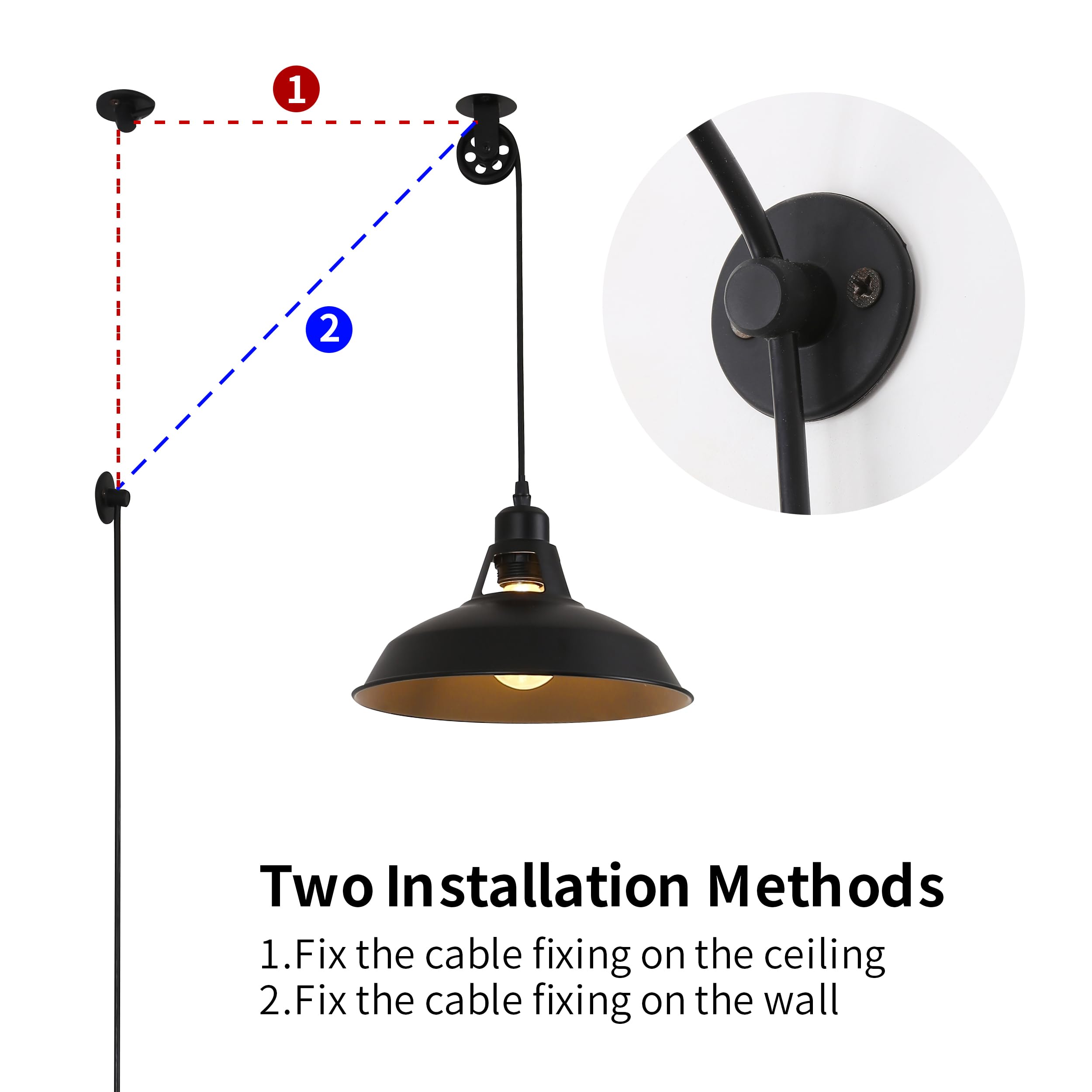 Sunllok Industrial 2Pcs Pendant Light Lift Pipe Pulley Ceiling Fixture - Rustic Retro Adjustable Height Plug In Hanging Lamp With Switch - Indoor Metal Chandelier For Living Room Restaurant (Black)
