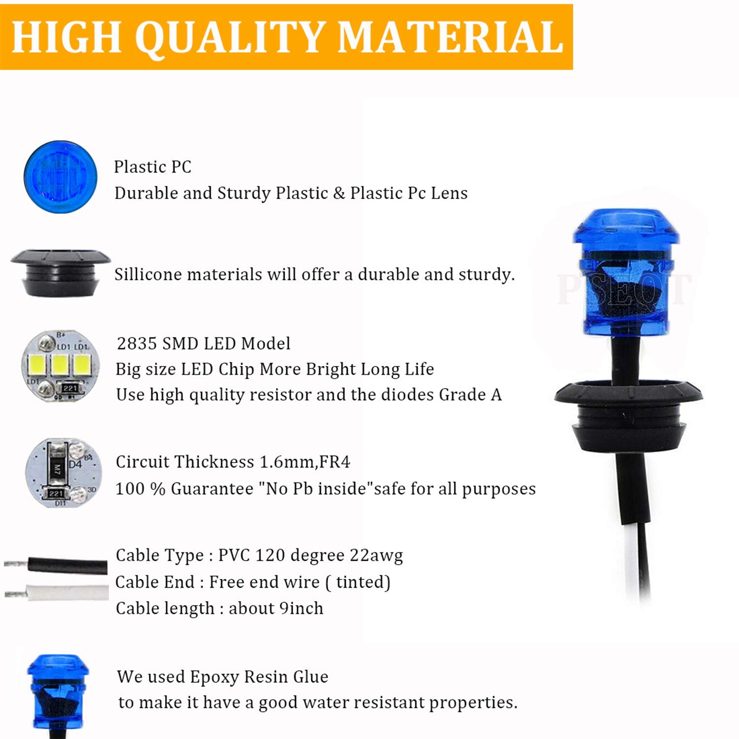 PSEQT LED Round Boat Interior Deck Light, Waterproof, Blue, 1in  x 1in  x 0.83in , Model PSEQTXA004B, 10 Pcs